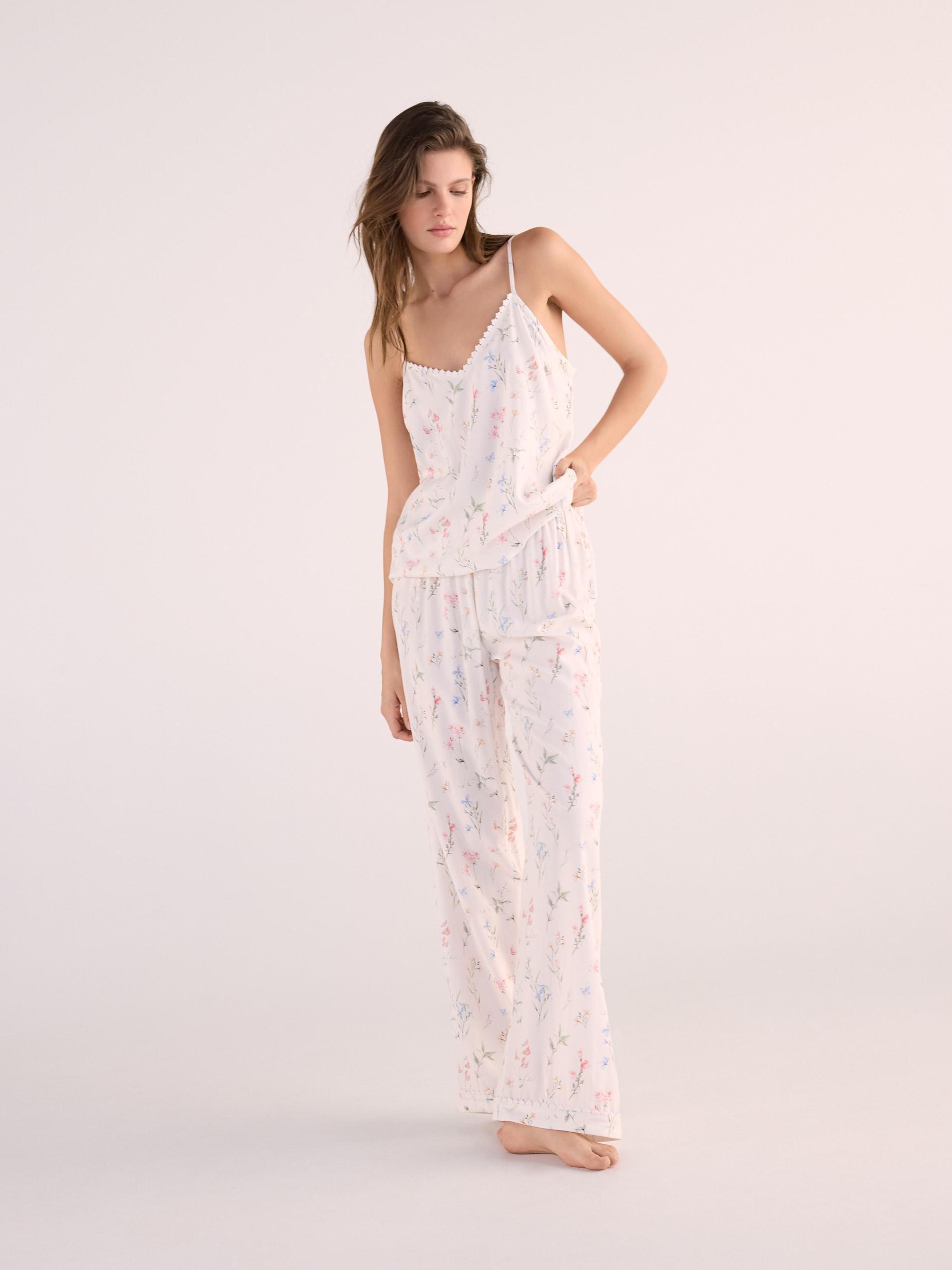 Beige Two-Piece Camisole Pajama Set, Ivory, medium