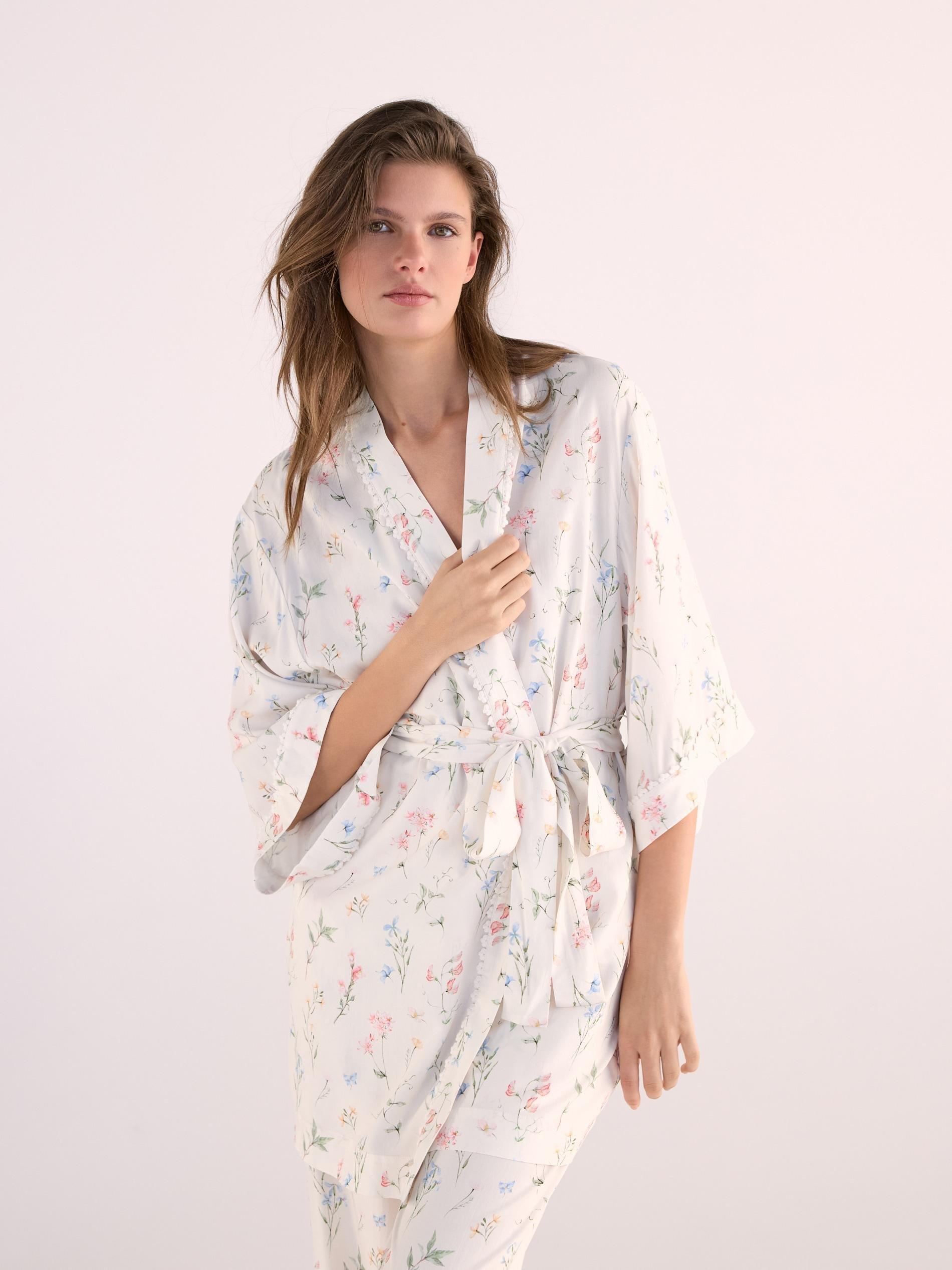 Beige Patterned Viscose Dressing Gown, Ivory, large image number 0