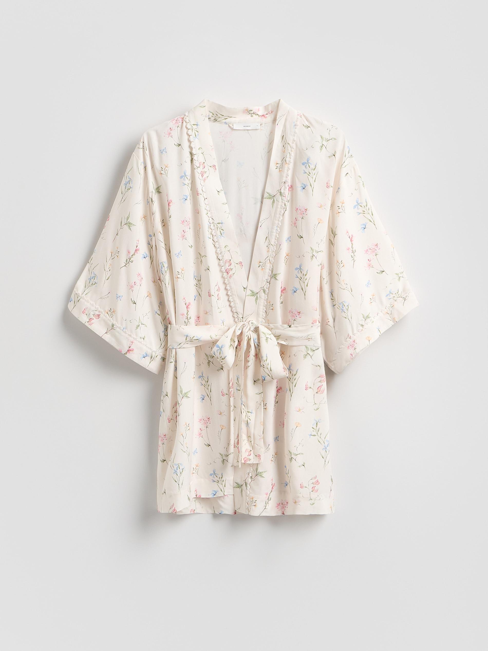 Beige Patterned Viscose Dressing Gown, Ivory, large image number 4