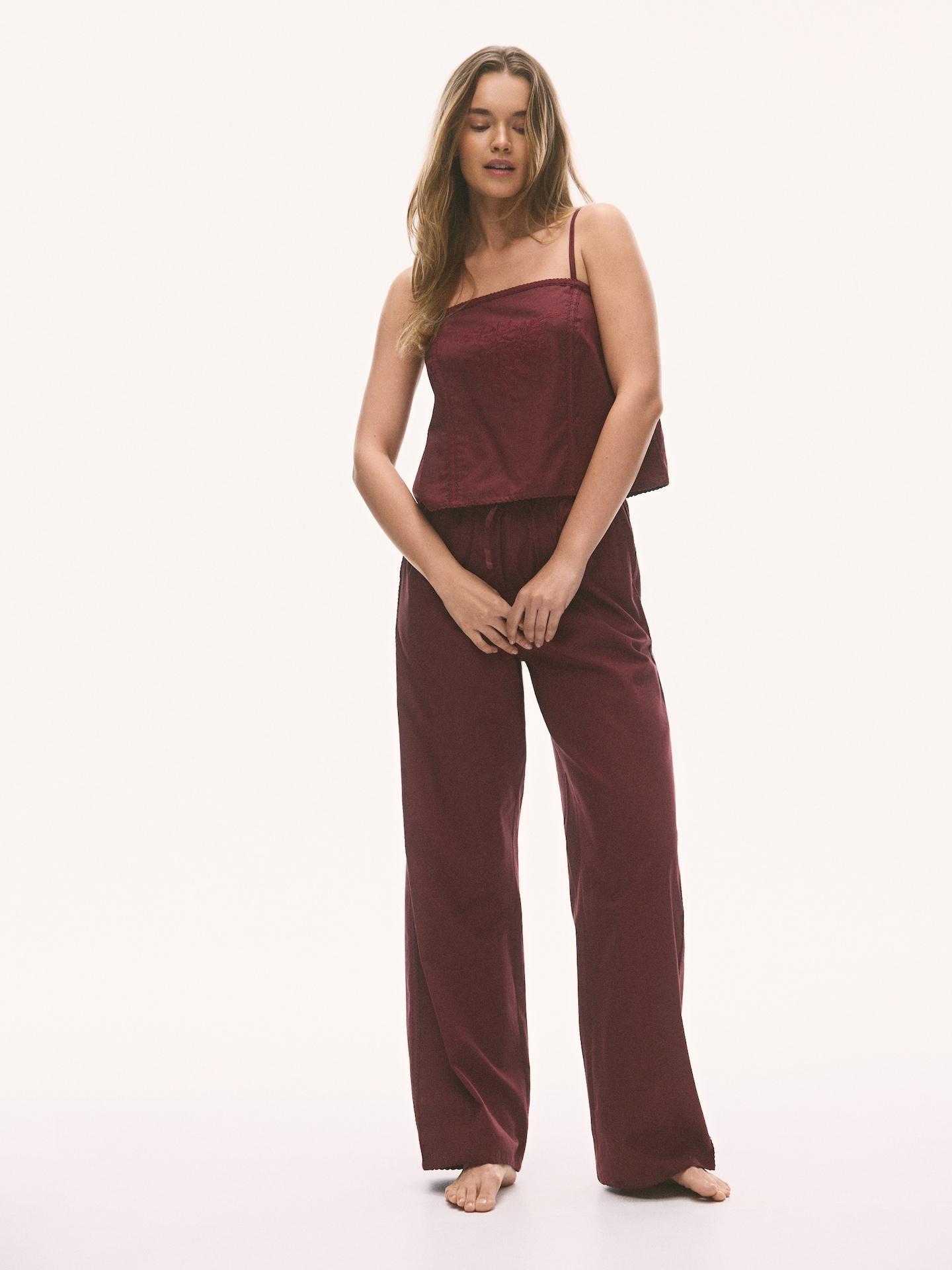 Red Two Piece Cotton Pyjama Set, Burgundy, medium