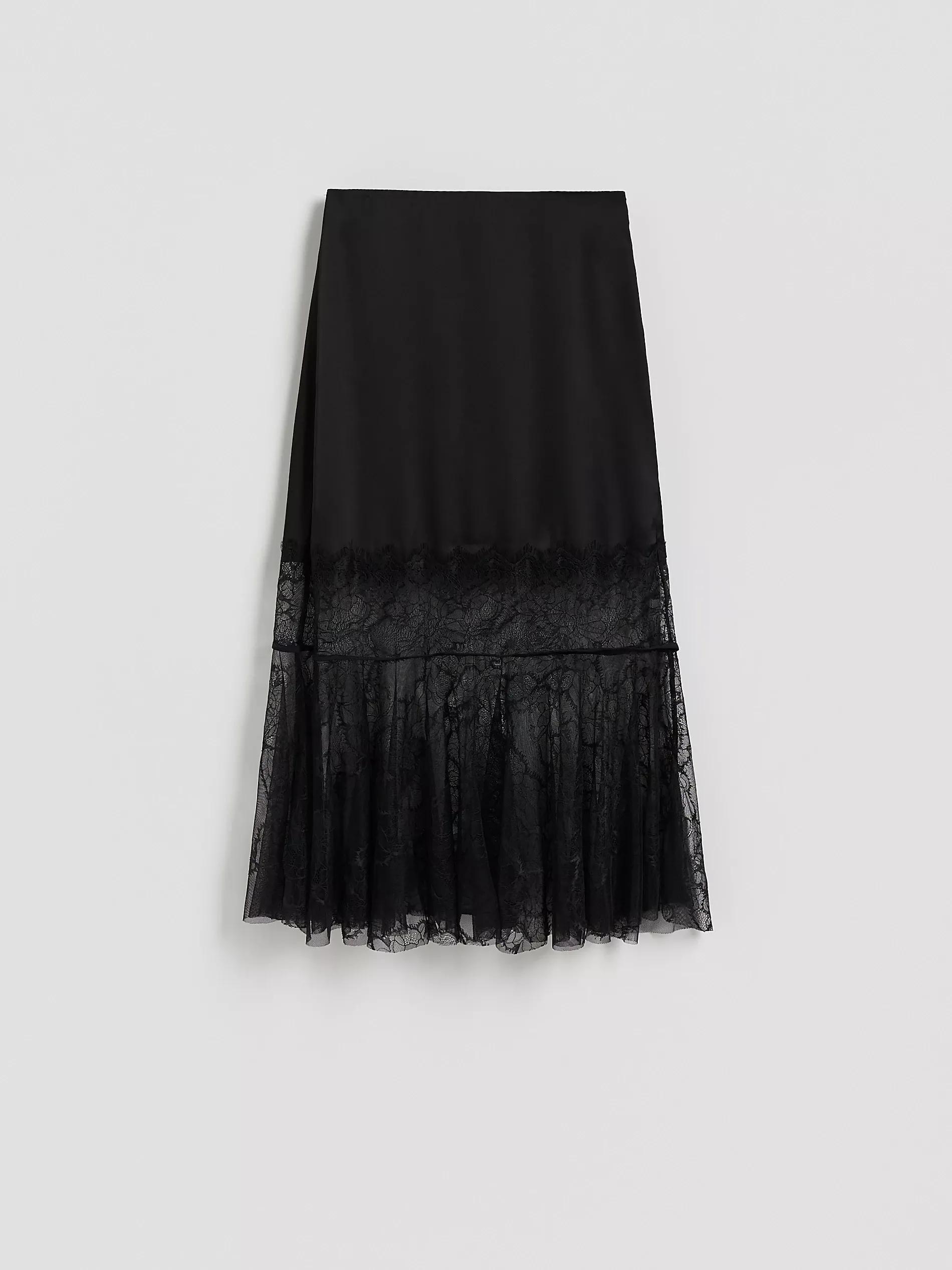 Black Midi Skirt With Lace Detail, Black, large image number 0