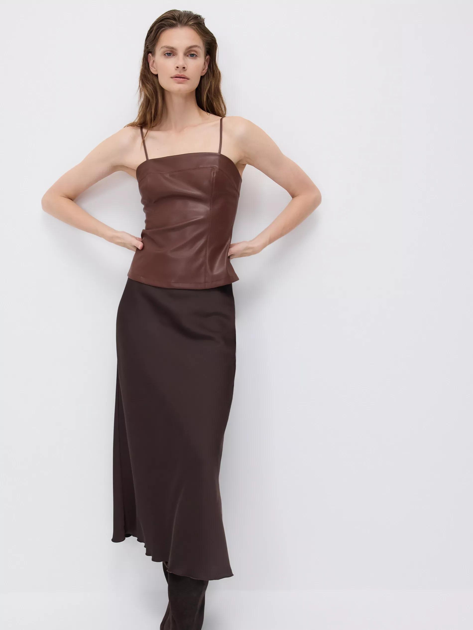 Brown Satin Midi Skirt, Brown, large image number 0