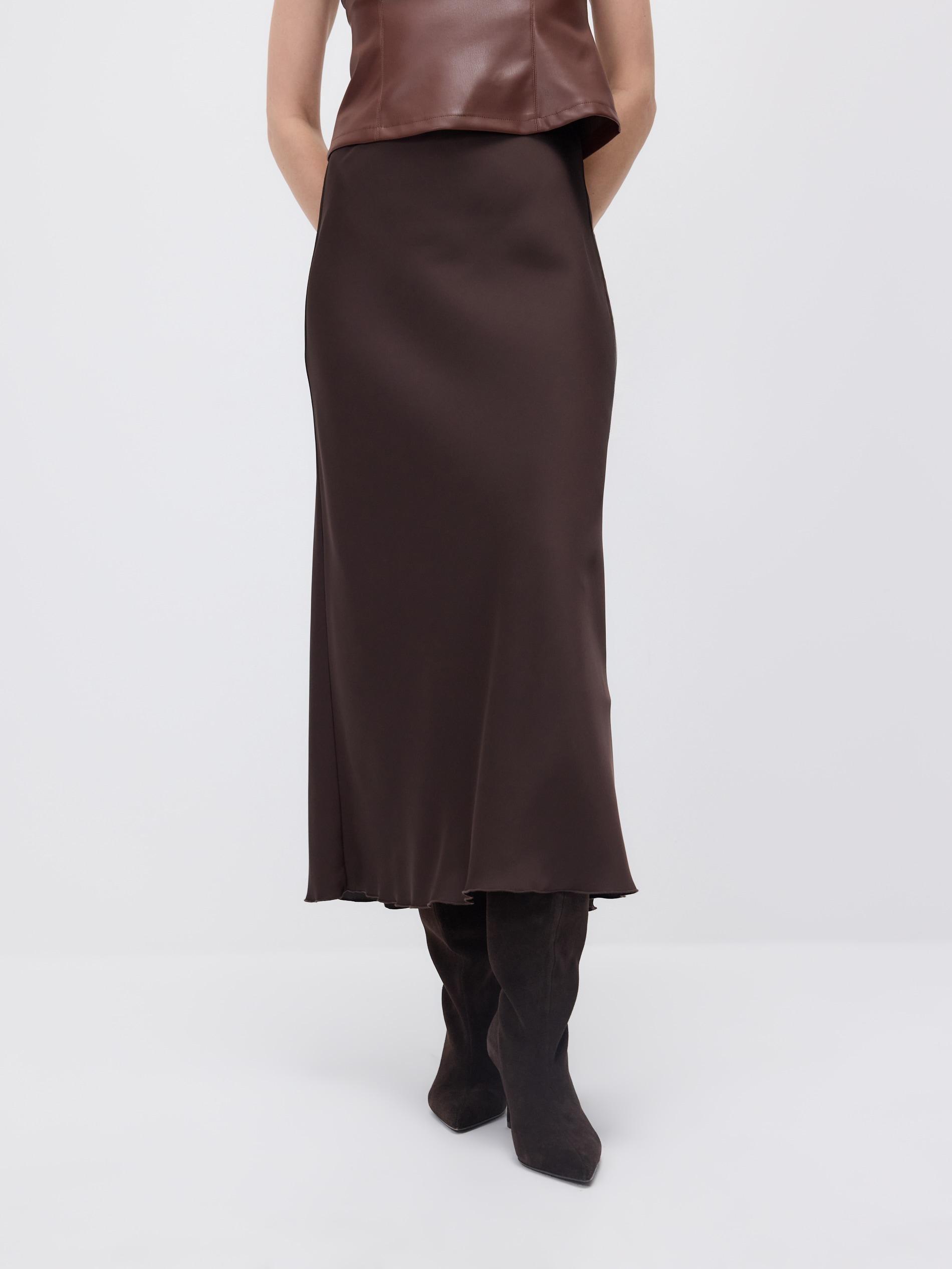 Brown Satin Midi Skirt, Brown, large image number 1