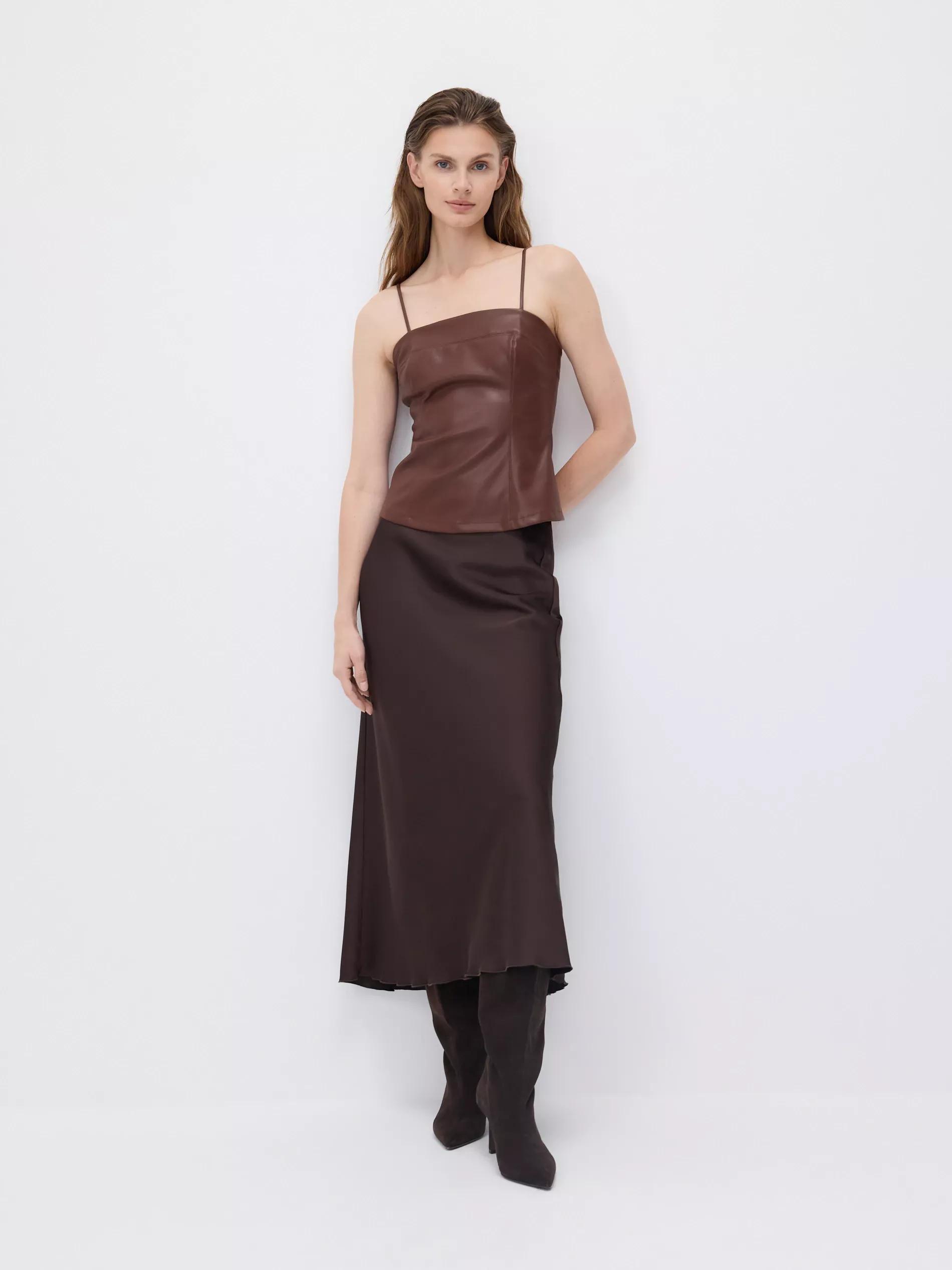 Brown Satin Midi Skirt, Brown, large image number 2