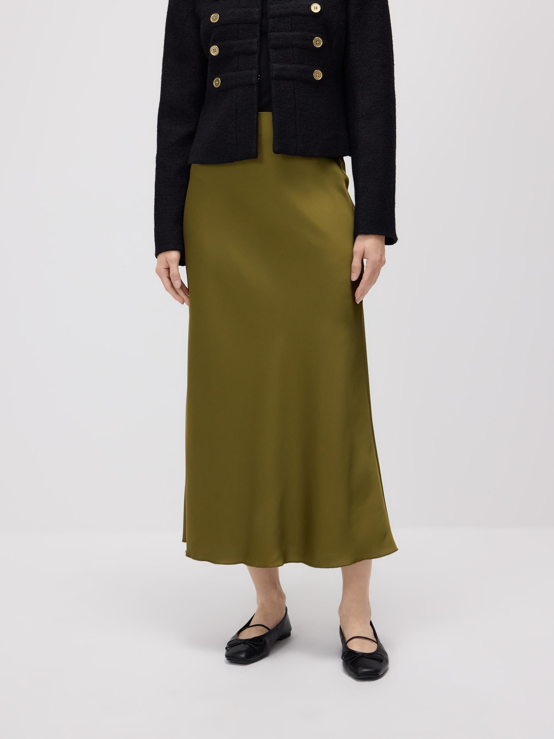 Green Satin Midi Skirt, Khaki, medium