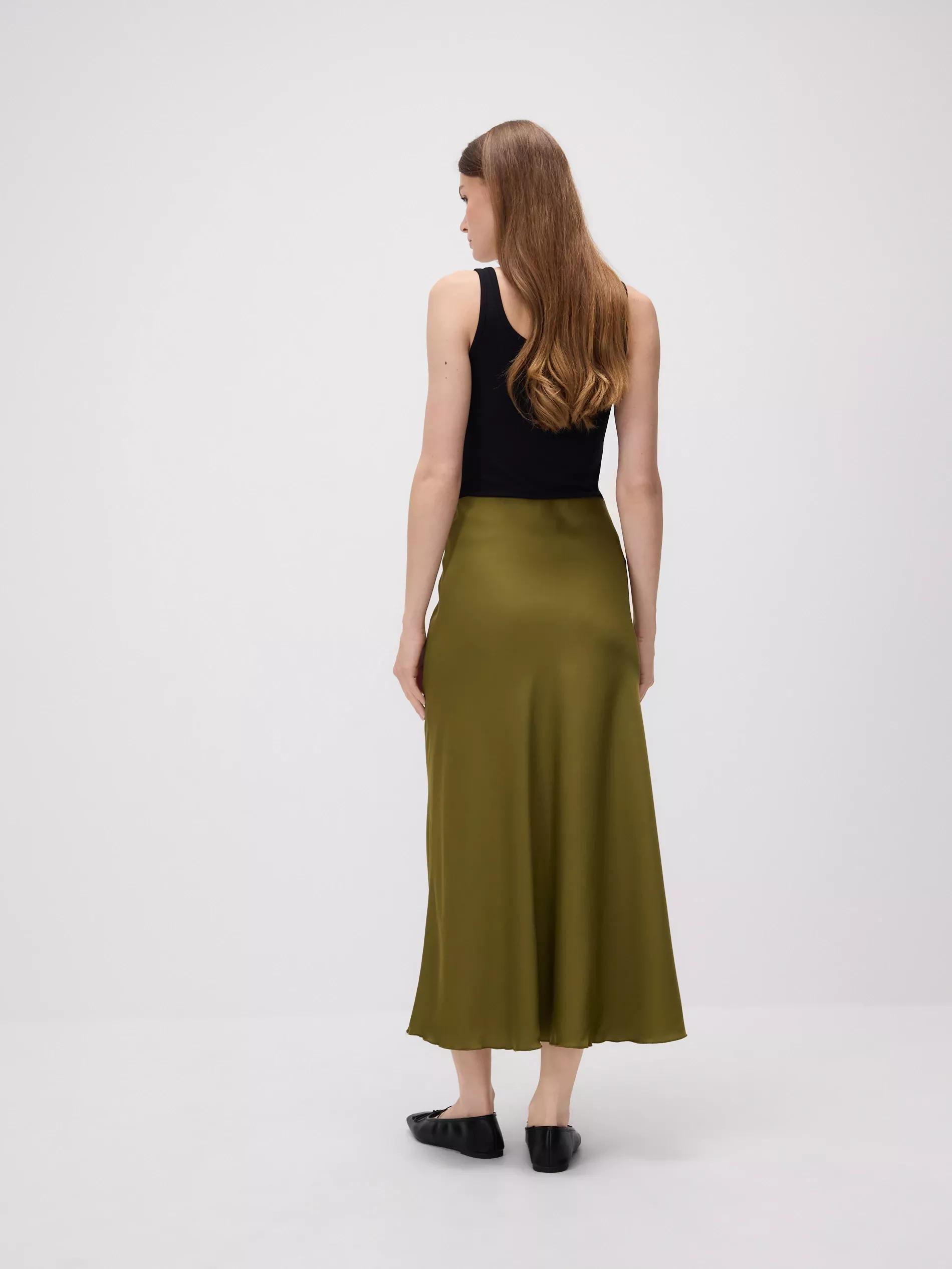 Green Satin Midi Skirt, Khaki, medium