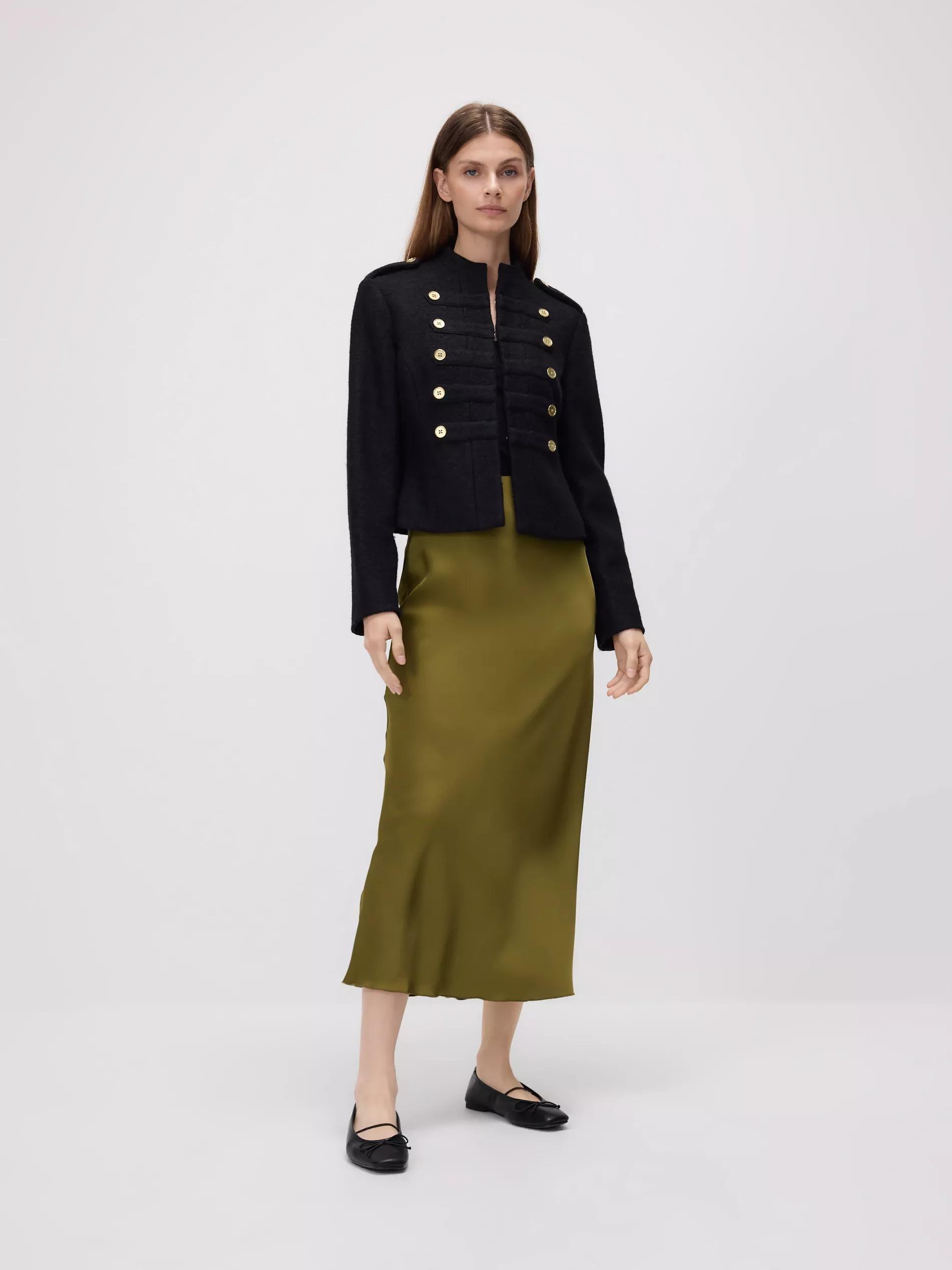 Green Satin Midi Skirt, Khaki, medium