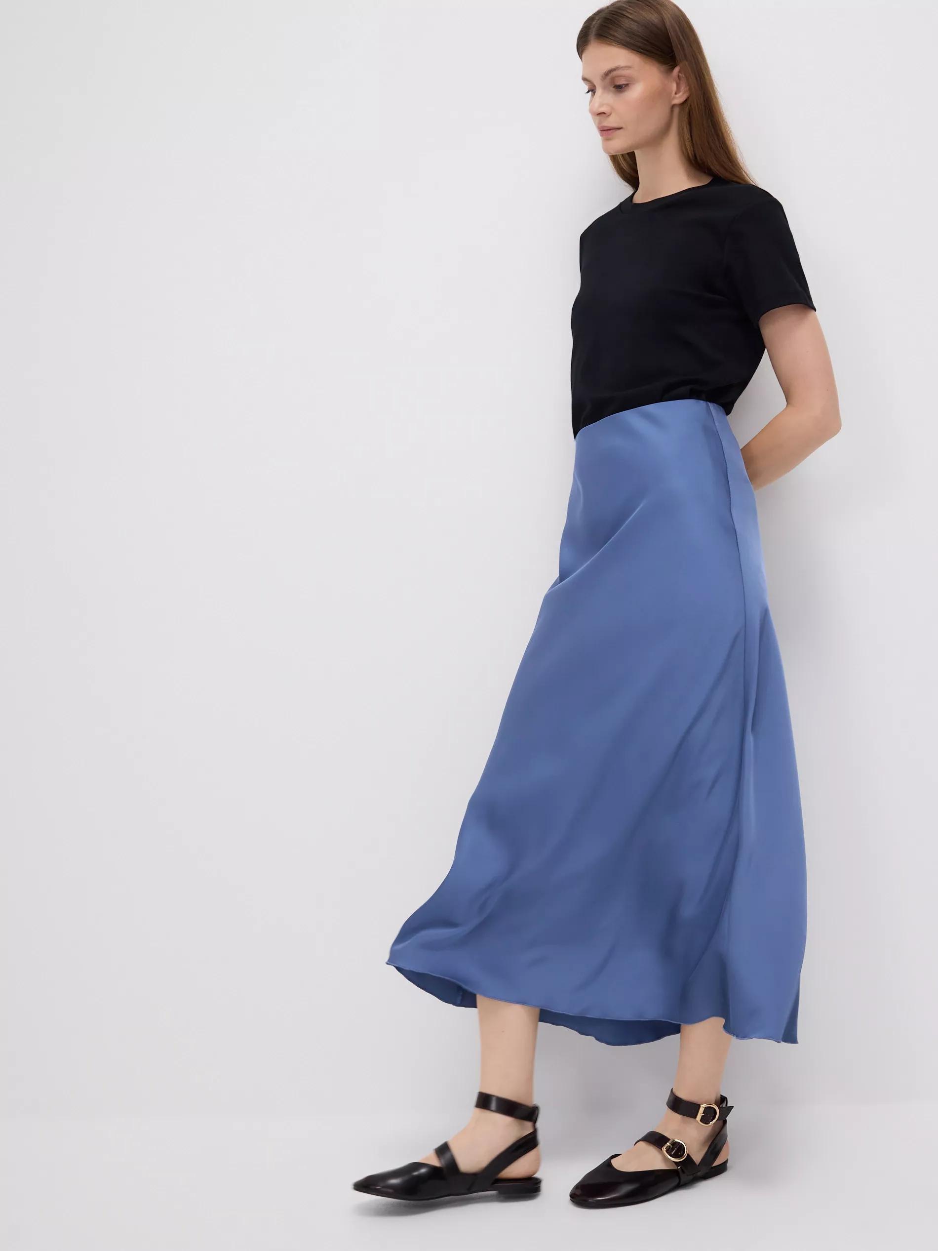 Blue Satin Midi Skirt, Blue, large image number 0
