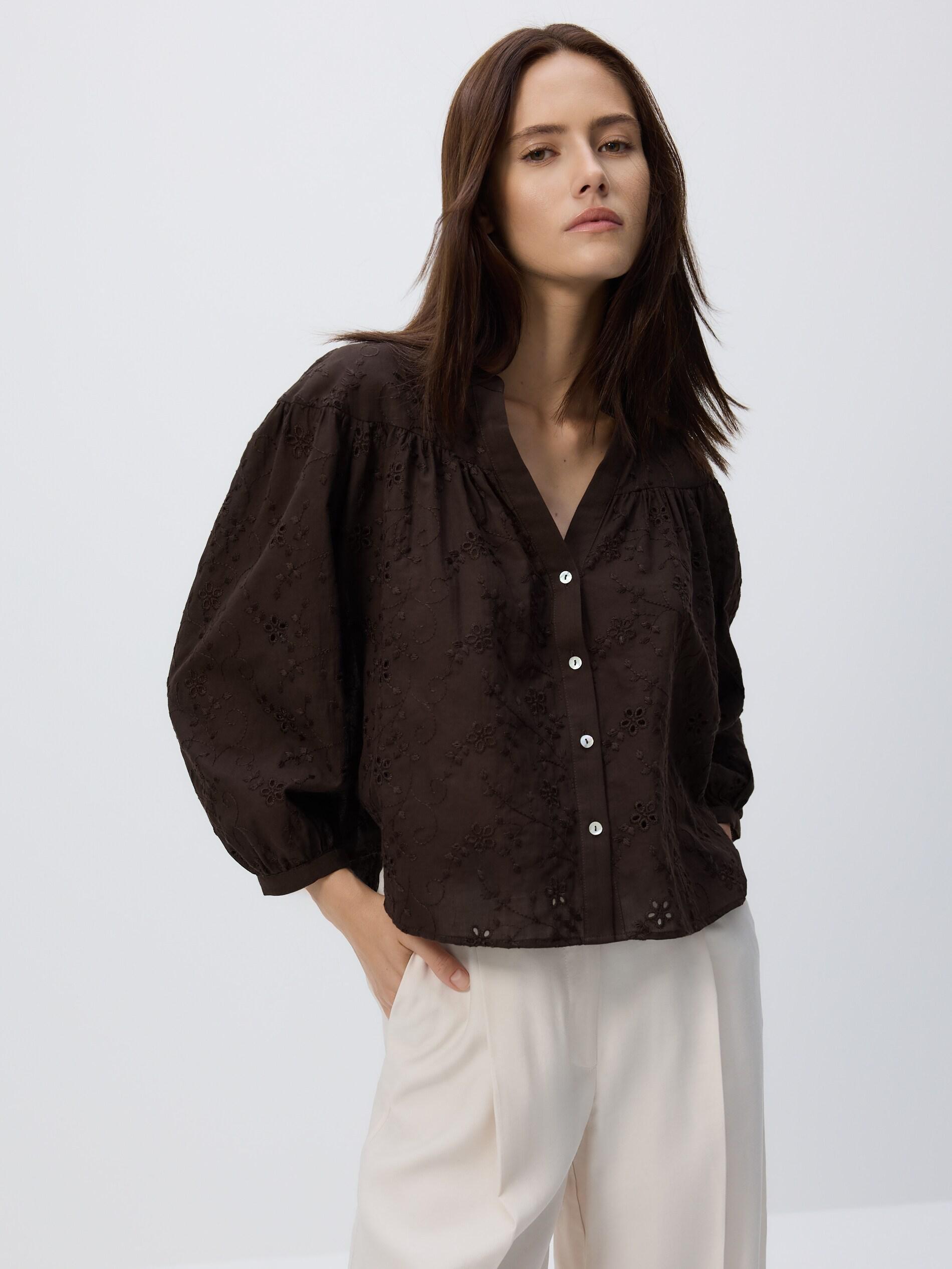 DARK BROWN Shirt with openwork pattern, Brown, large image number 1