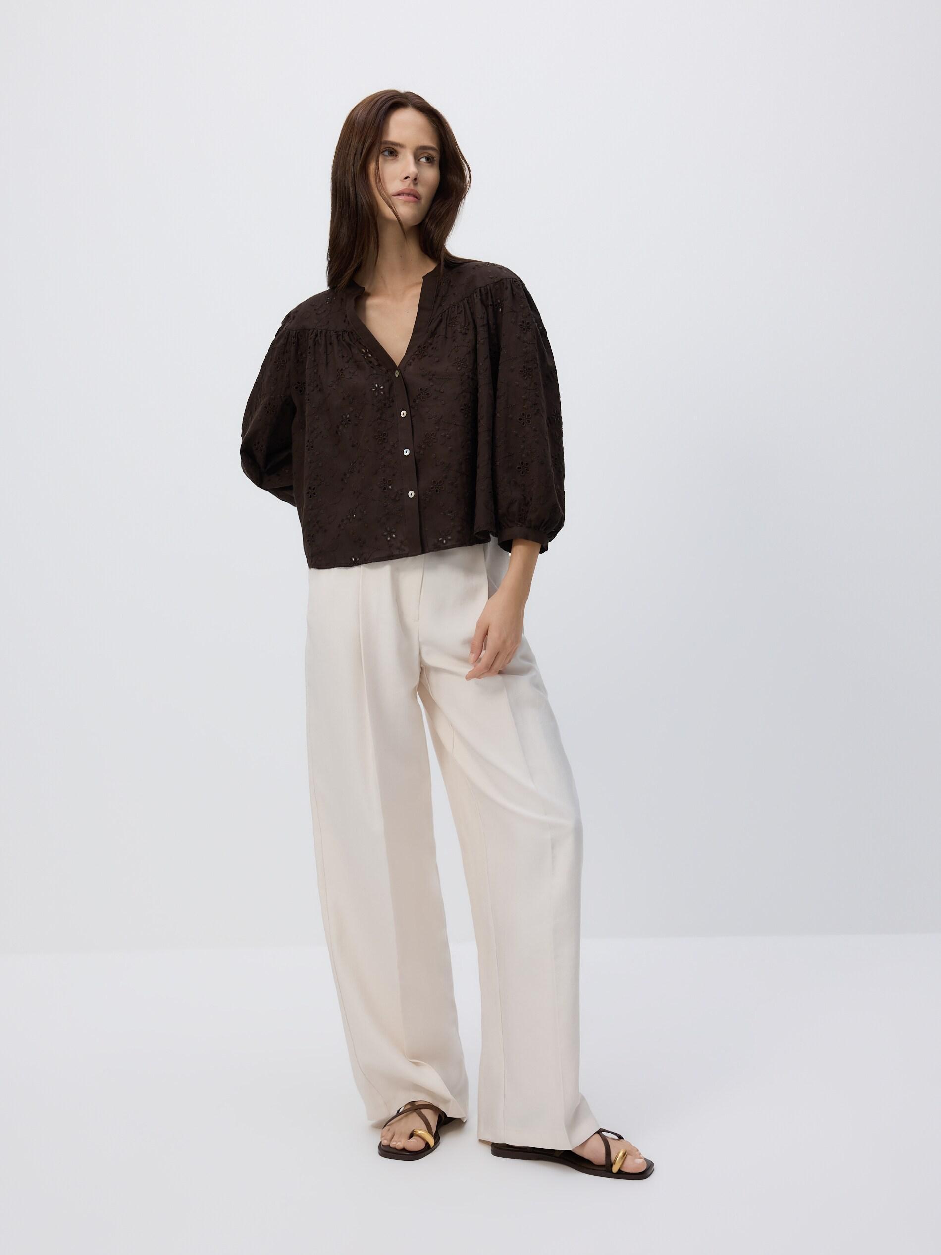 DARK BROWN Shirt with openwork pattern, Brown, large image number 2