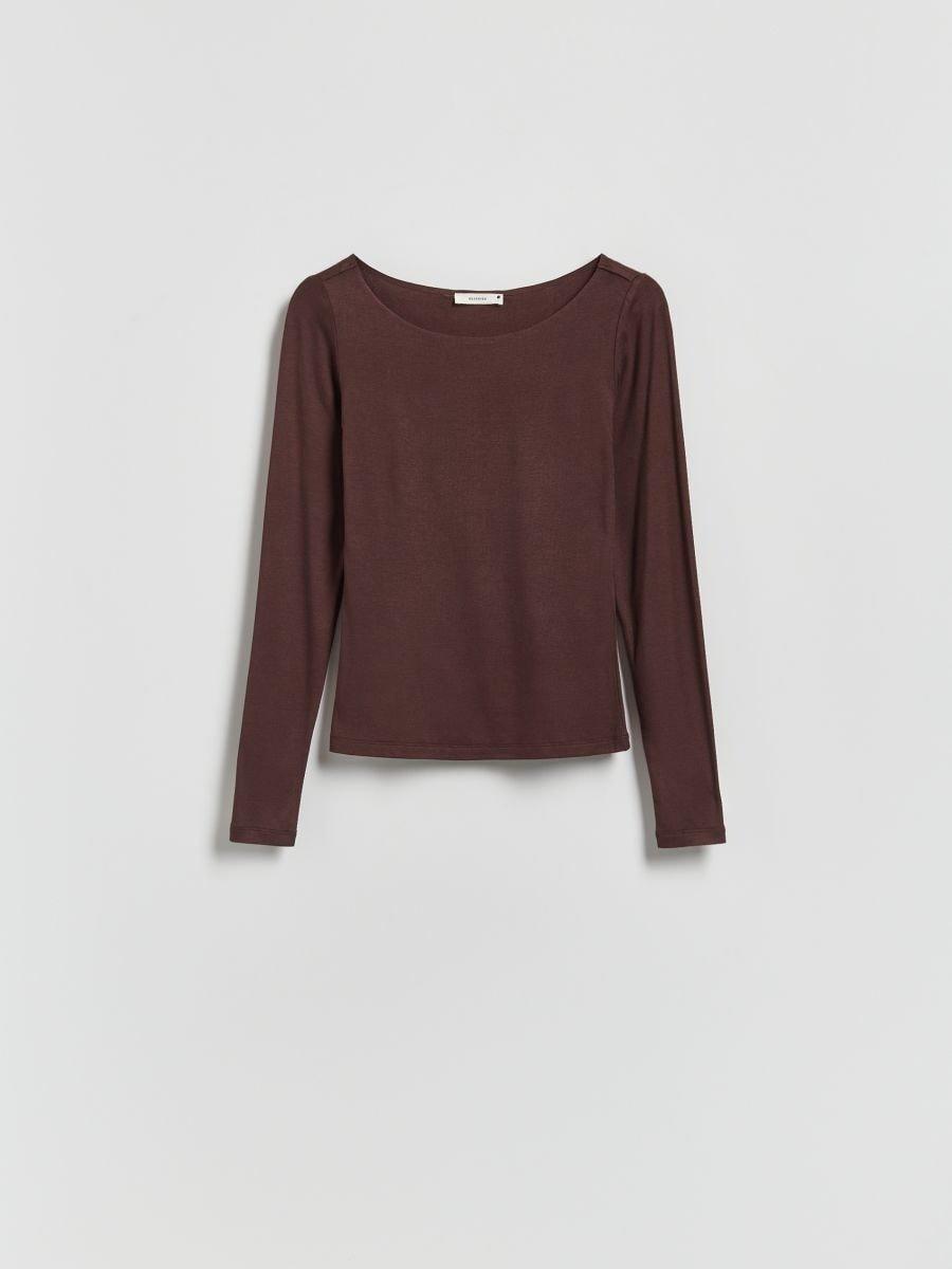 تيشيرت بني بكم طويل غني بالفيسكوز, Brown, medium