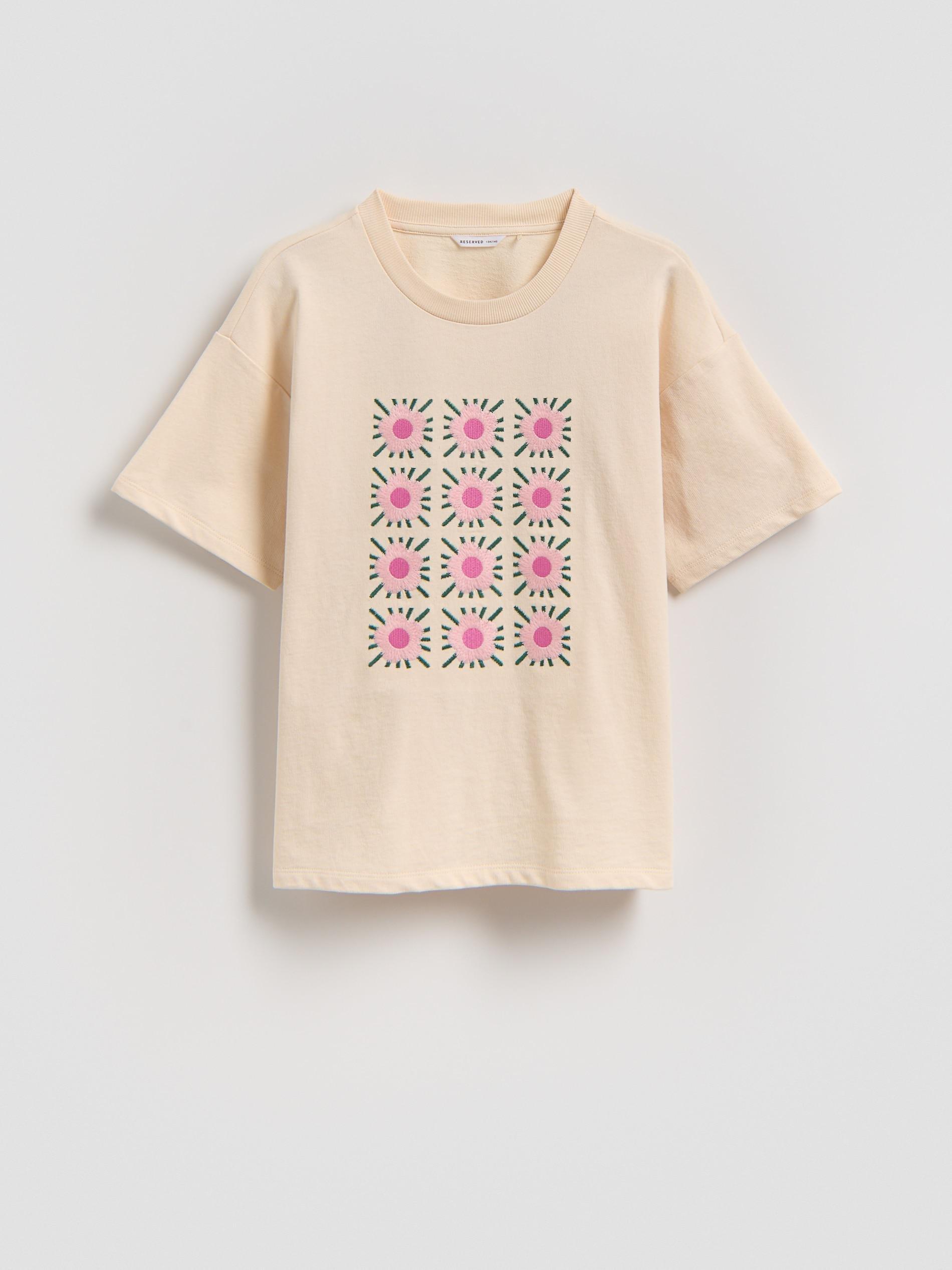 Beige Loose Embroidered T-Shirt, Ivory, large image number 0