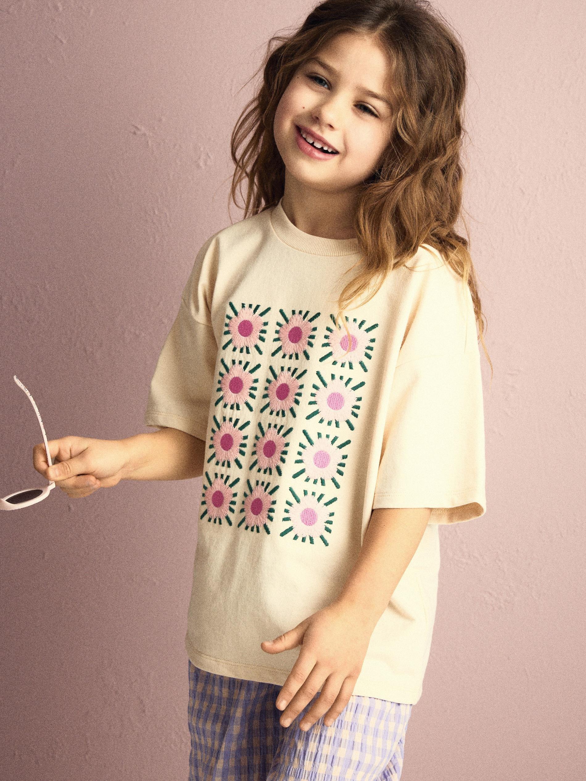Beige Loose Embroidered T-Shirt, Ivory, large image number 4