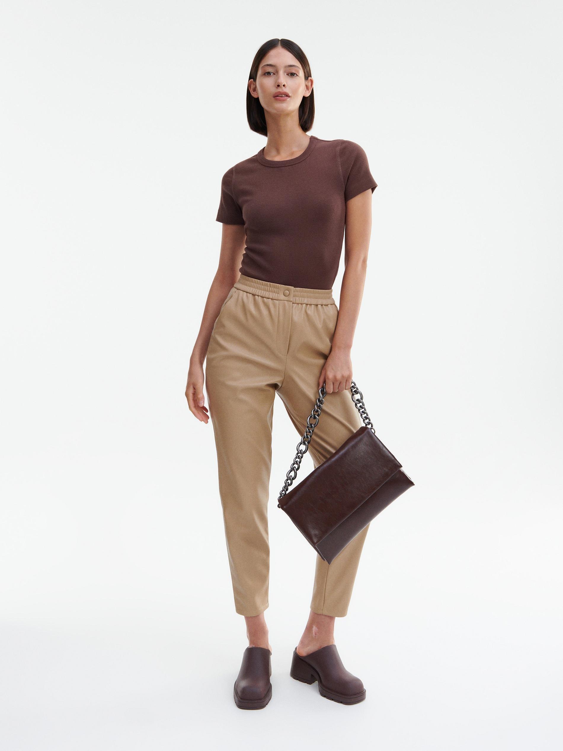 Beige Faux Leather Trousers, , large image number 0