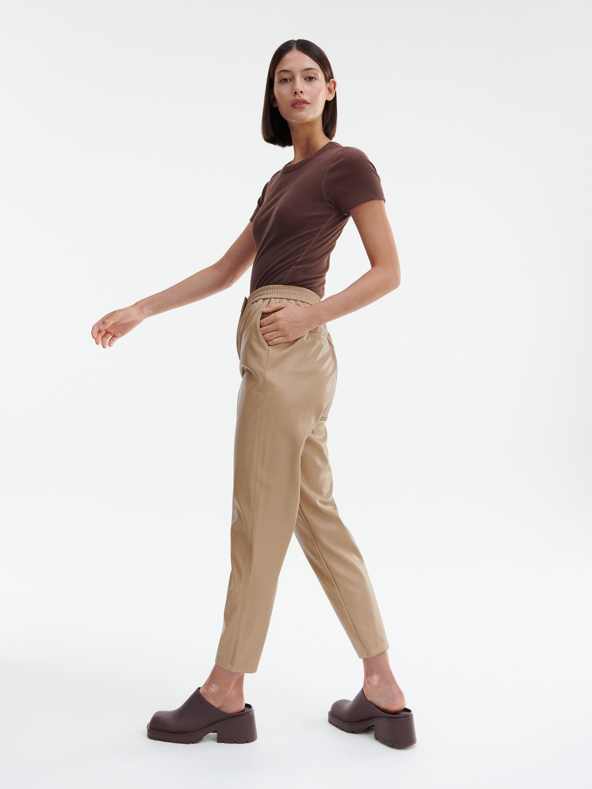Beige Faux Leather Trousers, , large image number 1