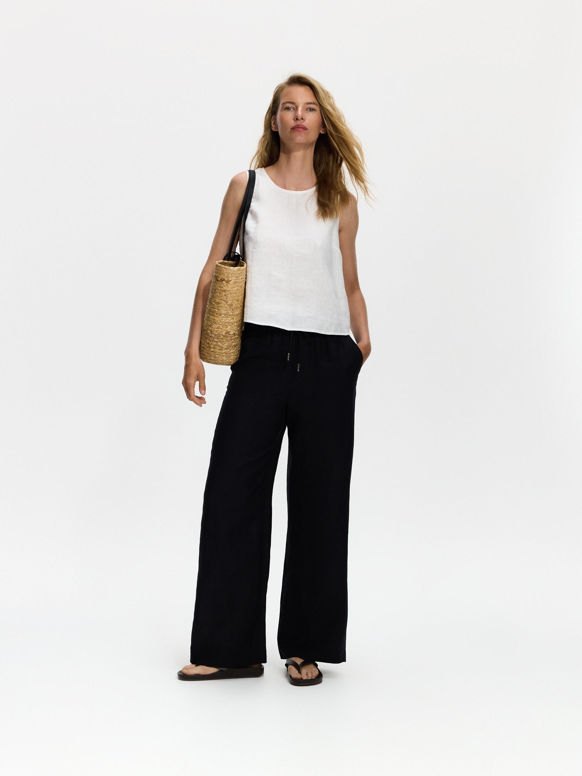 Black Loose Linen Trousers, Black, large image number 0
