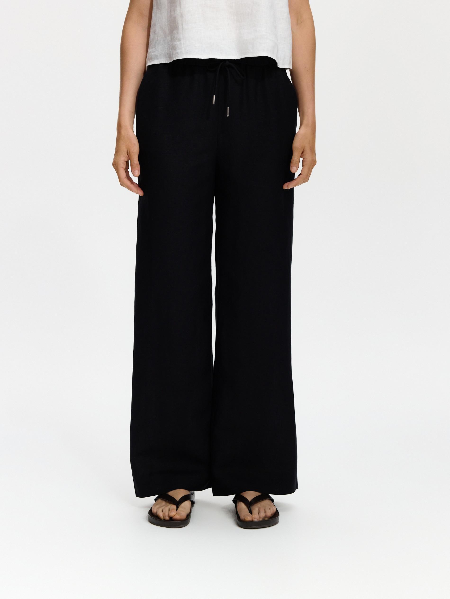 Black Loose Linen Trousers, Black, large image number 1