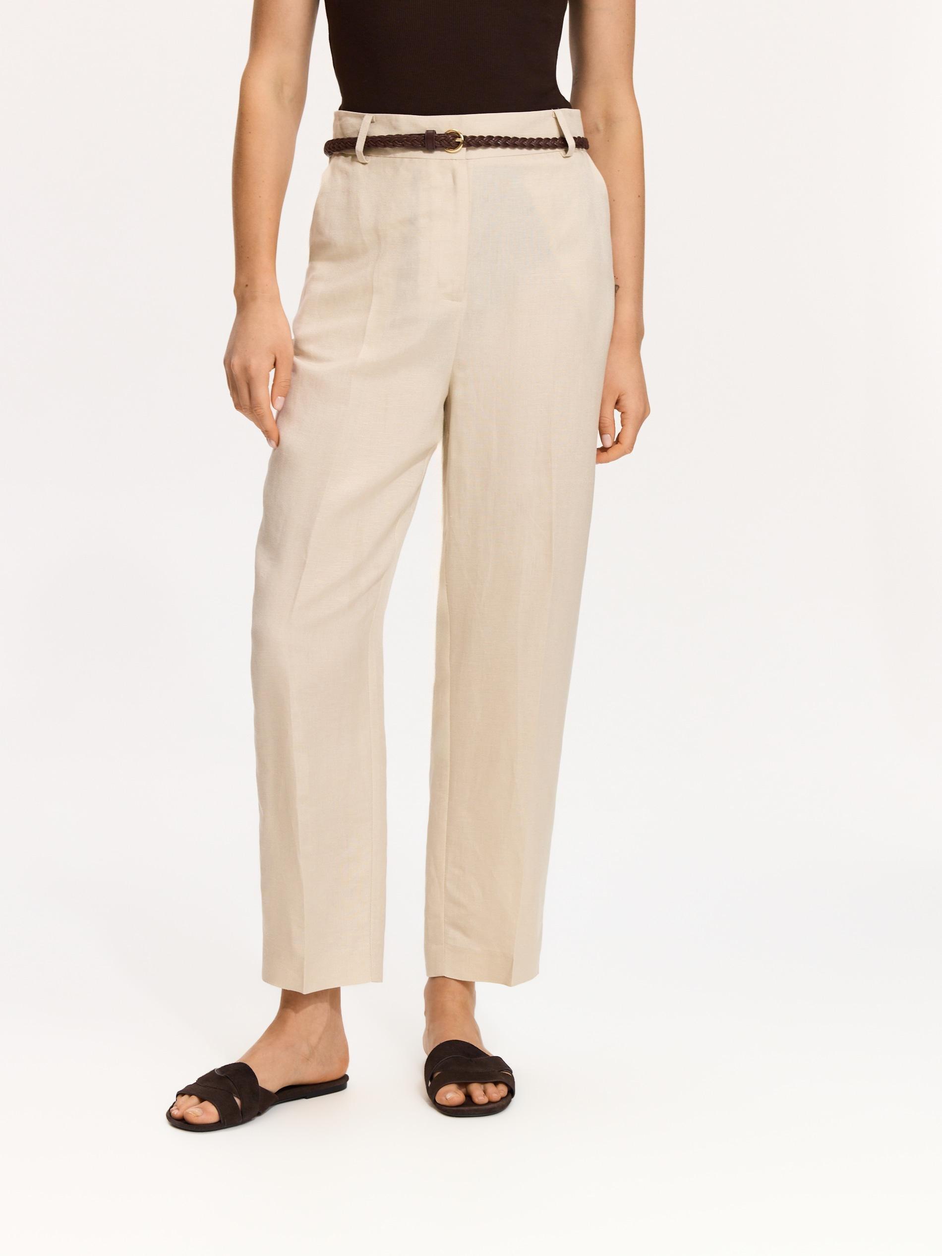 Beige Linen Rich Trousers With Viscose Blend, Beige, medium