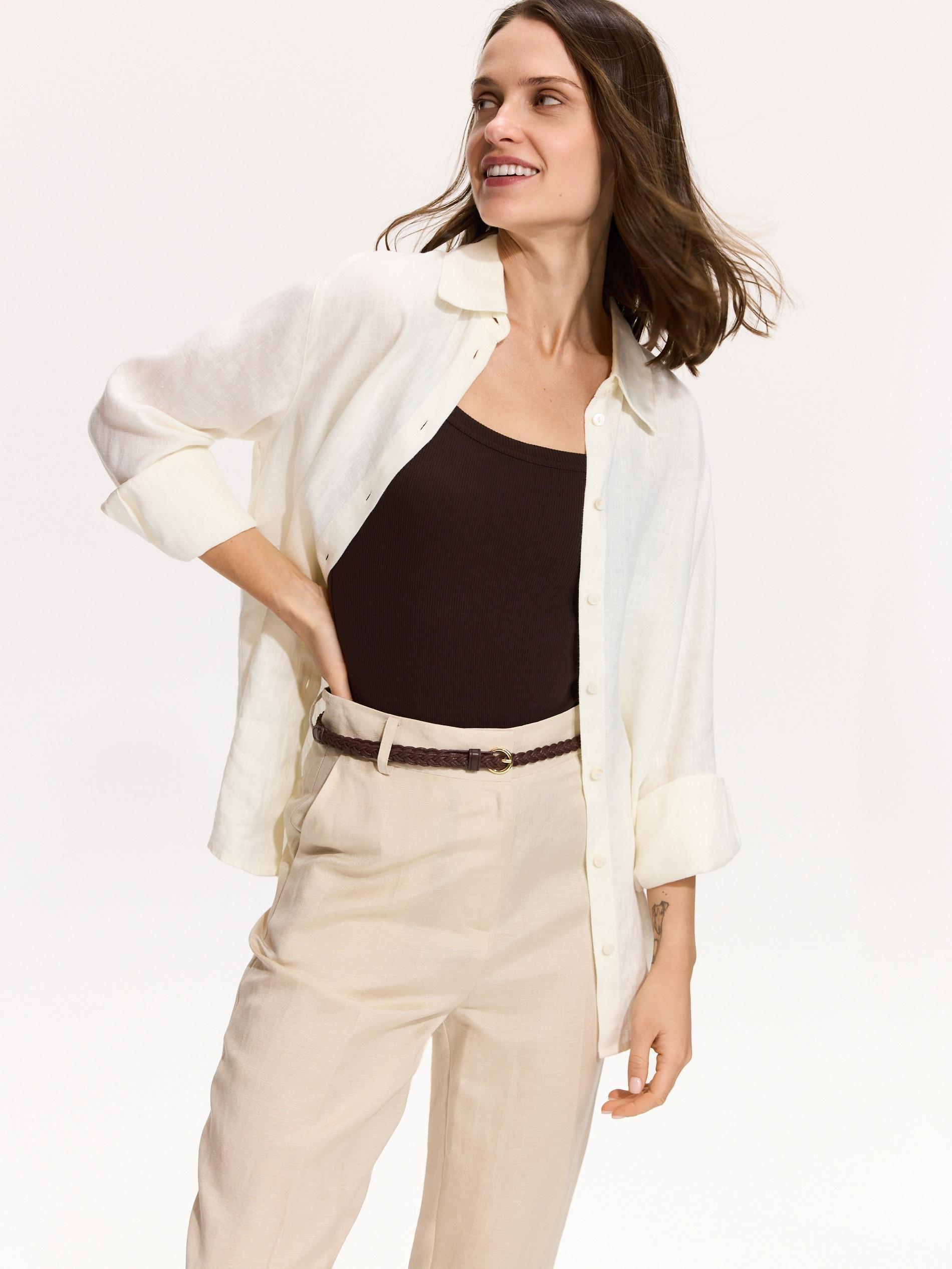 Beige Linen Rich Trousers With Viscose Blend, Beige, medium