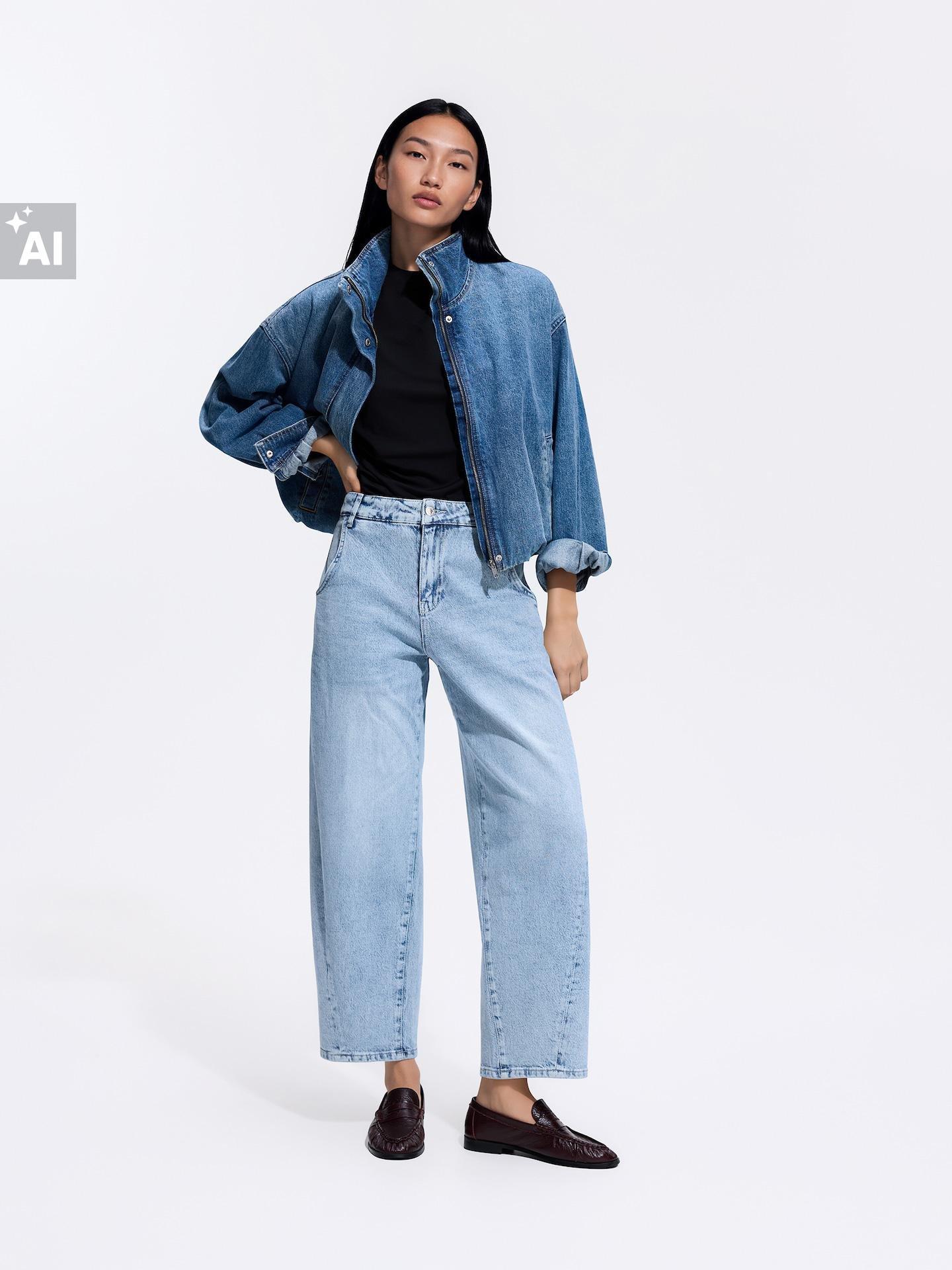 Blue Barrel Leg Jeans With Stitching, Blue, medium