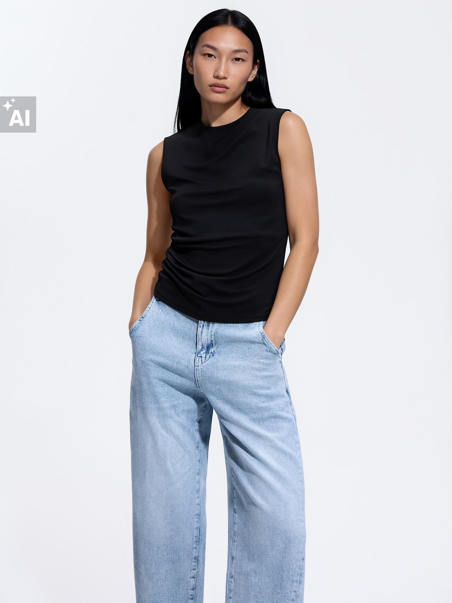 Blue Barrel Leg Jeans With Stitching, Blue, large image number 3