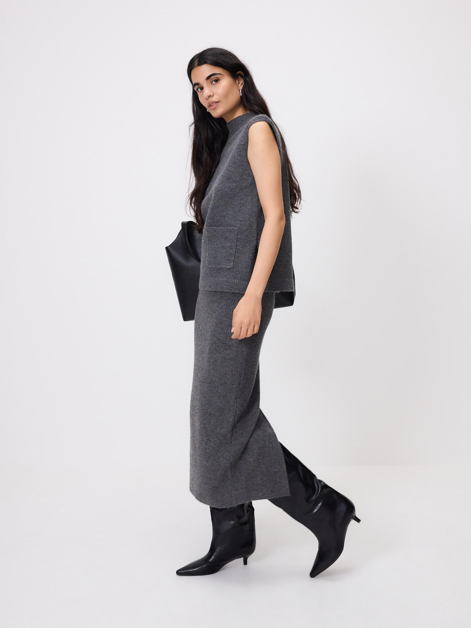 Grey Detailed Midi Skirt, Grey, medium