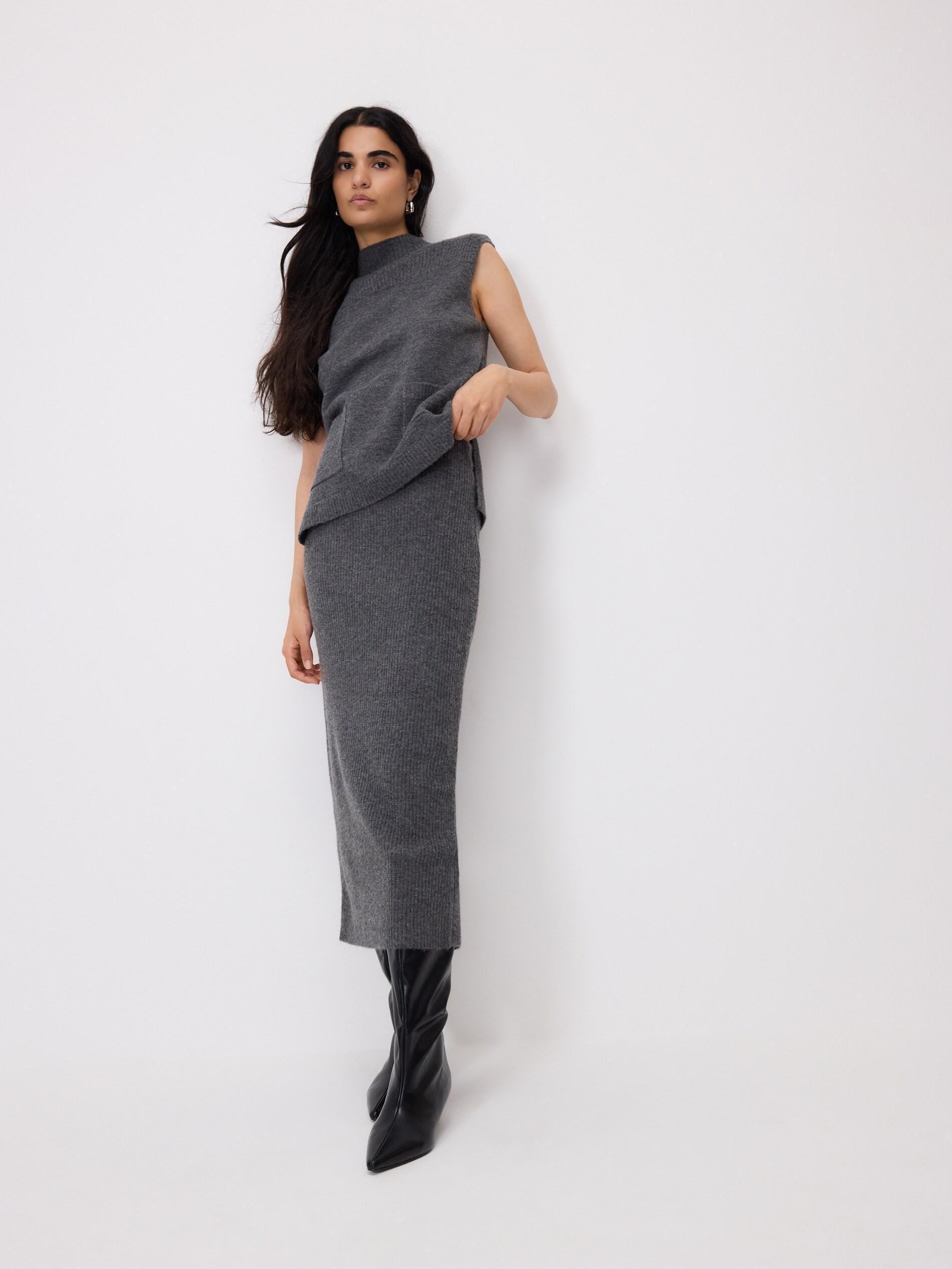 Grey Detailed Midi Skirt, Grey, medium