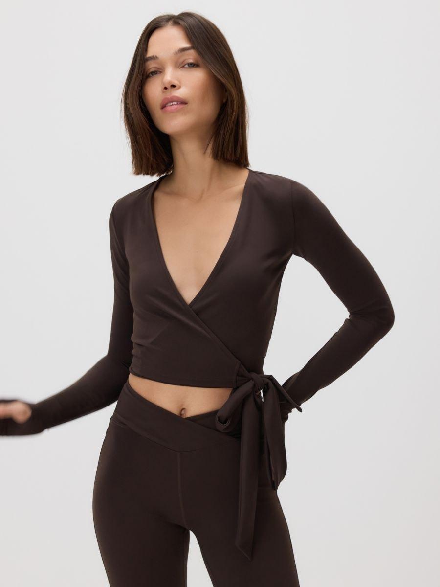 Brown Wrap blouse with tie detail, Brown, medium