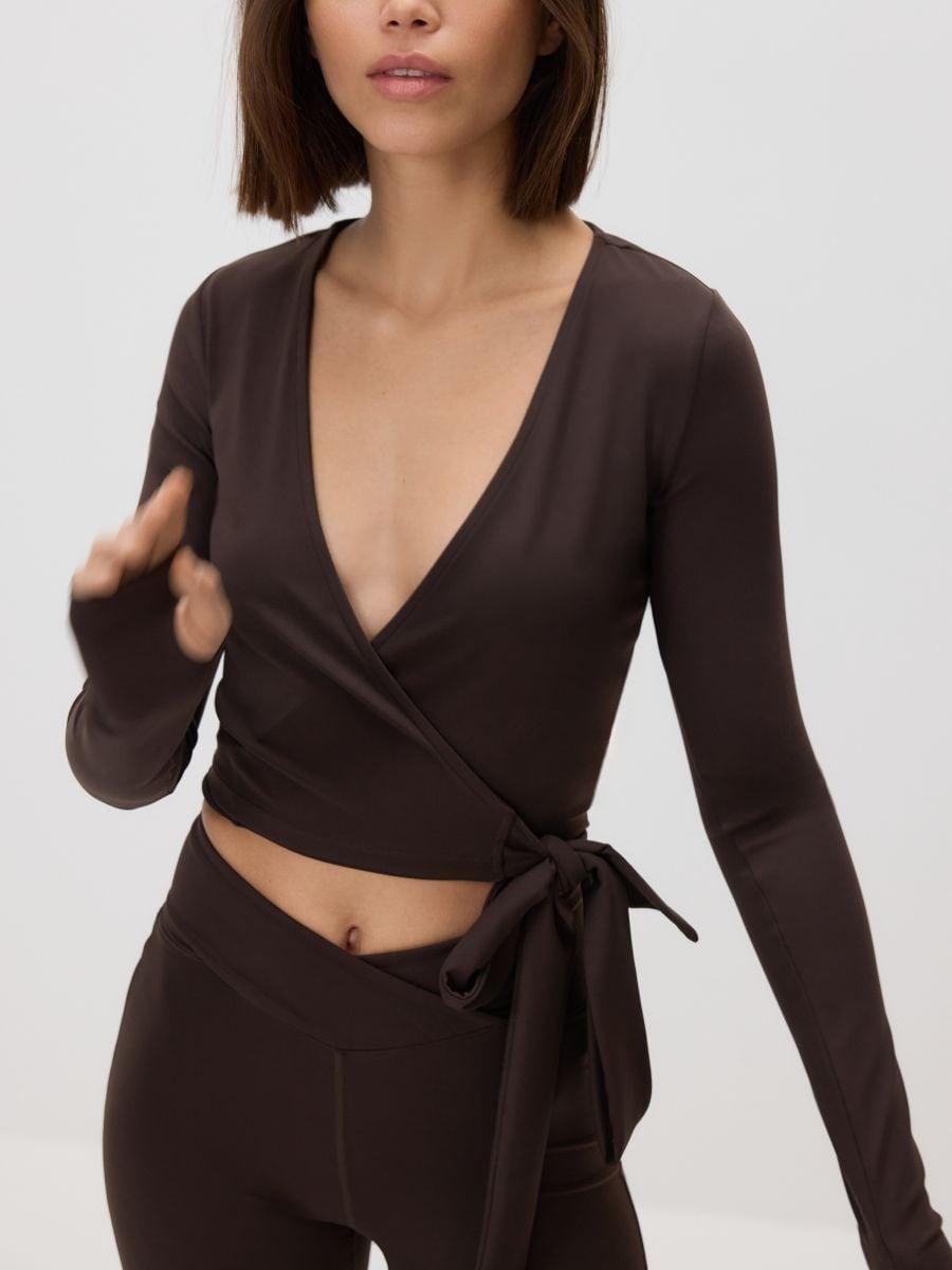Brown Wrap blouse with tie detail, Brown, medium