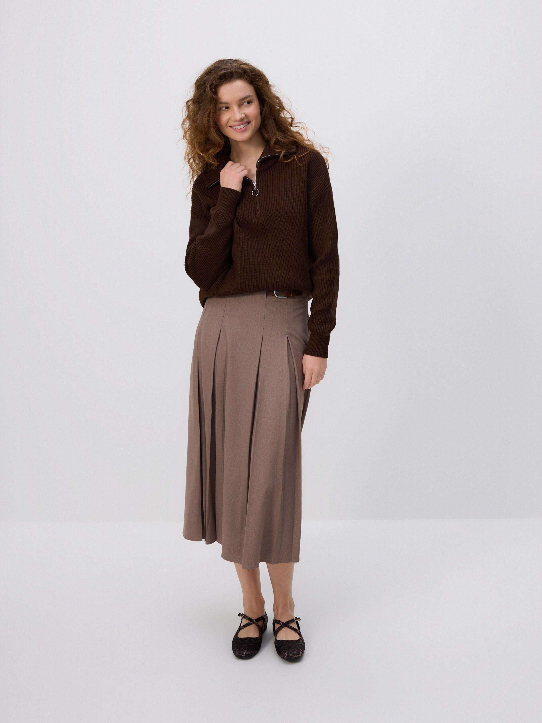 Beige Pleated Midi Skirt, Beige, medium