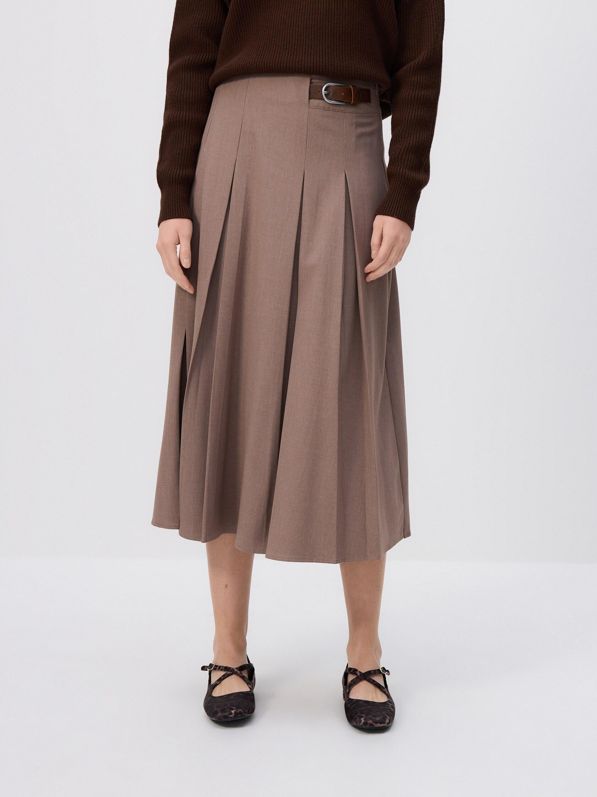 Beige Pleated Midi Skirt, Beige, medium