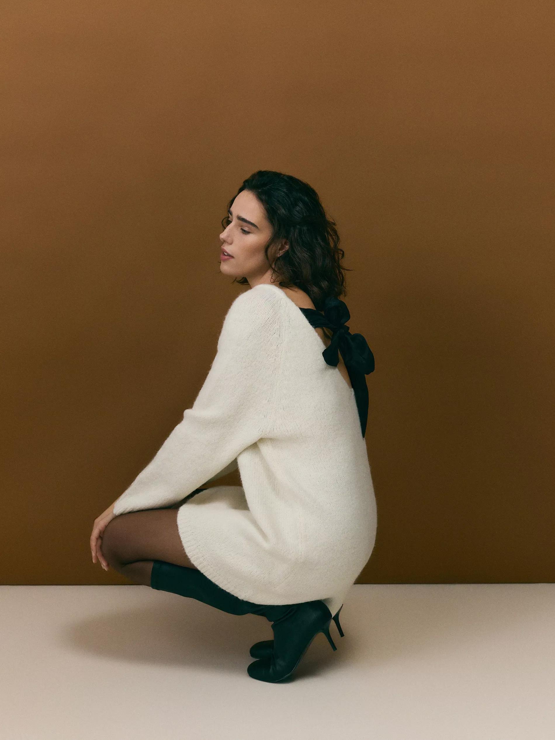 Beige Dress With Tie Detail, Ivory, large image number 5