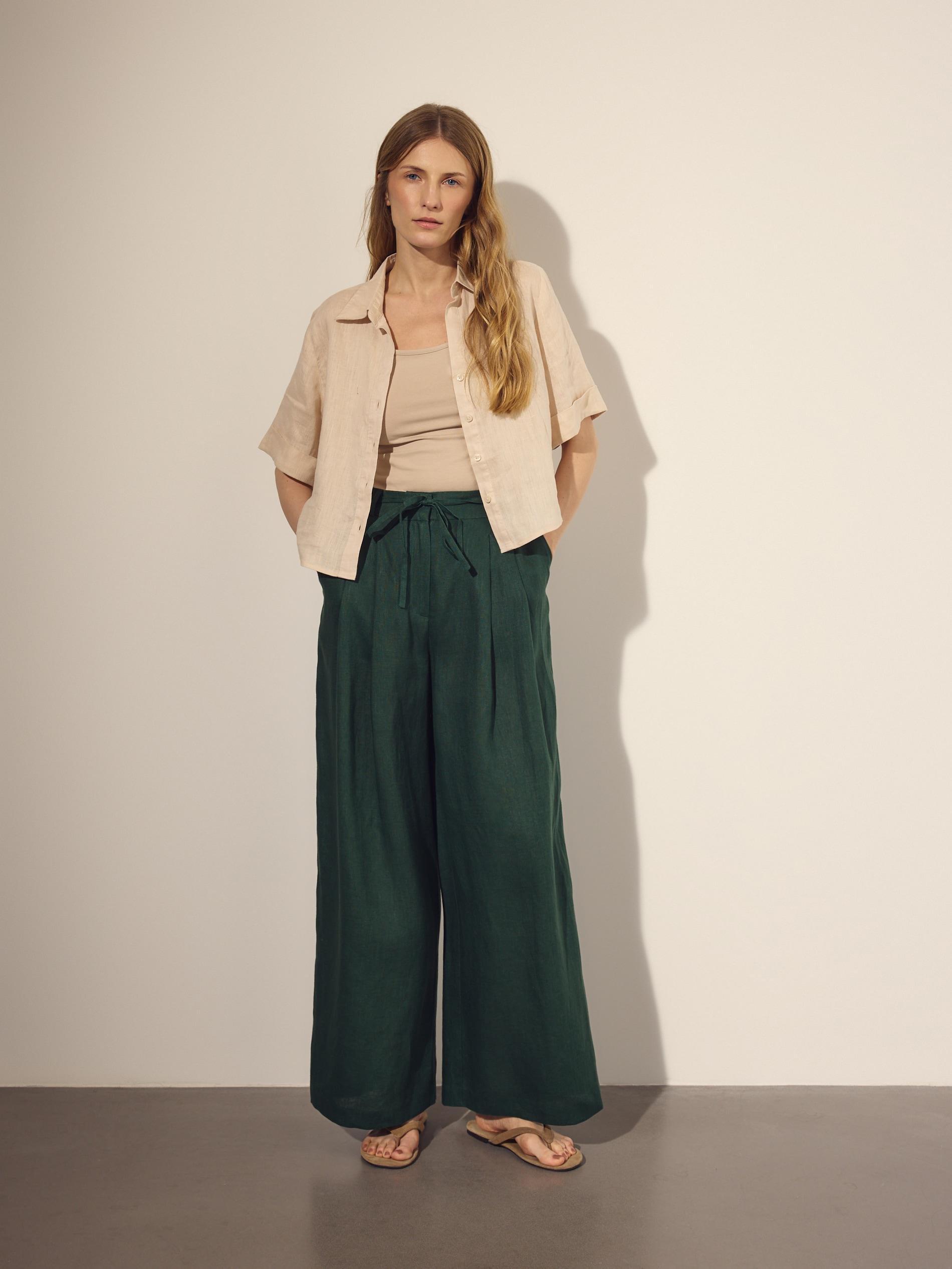 Green Linen Trousers With Tie, Green, large image number 0