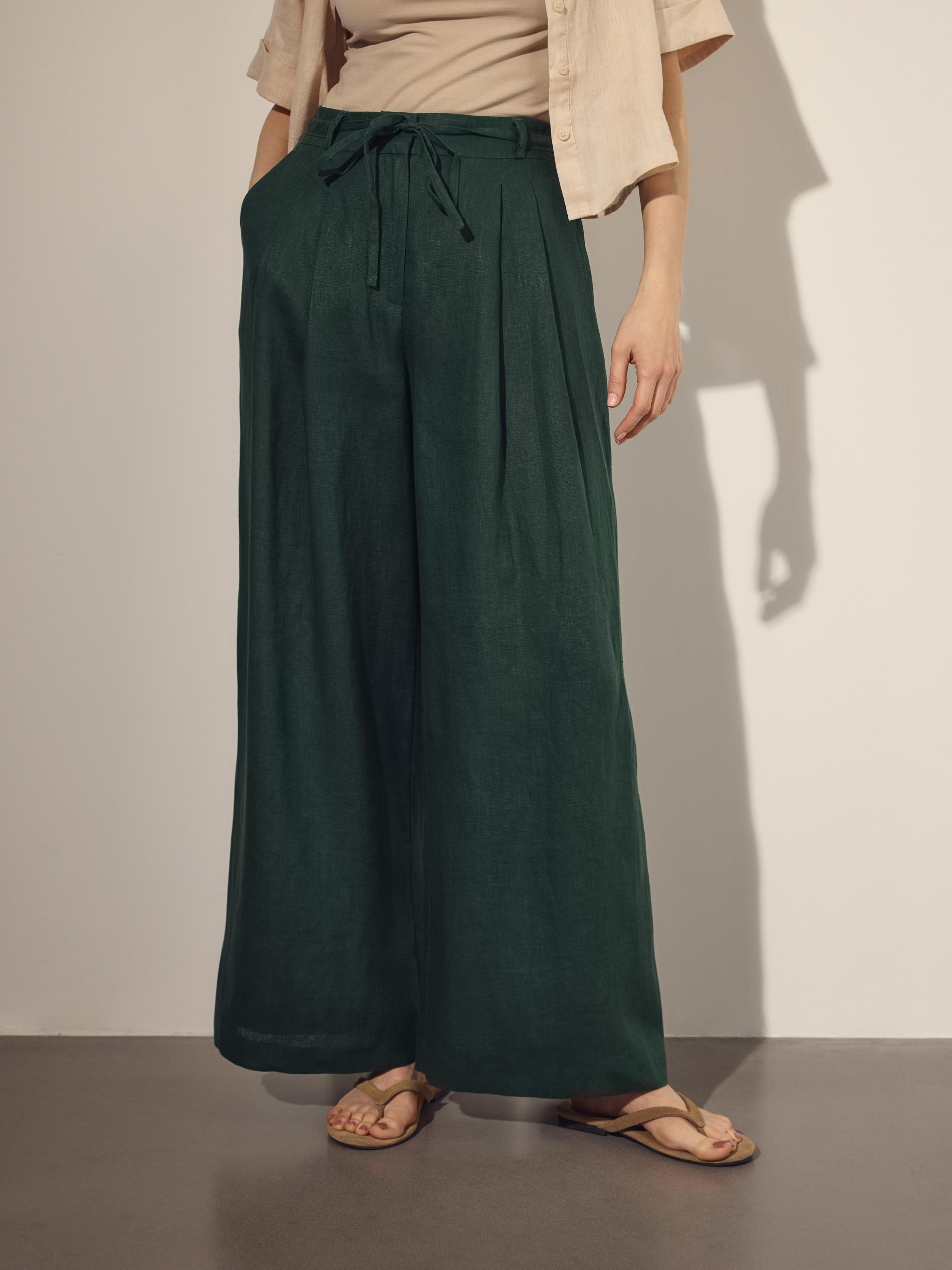 Green Linen Trousers With Tie, Green, large image number 1