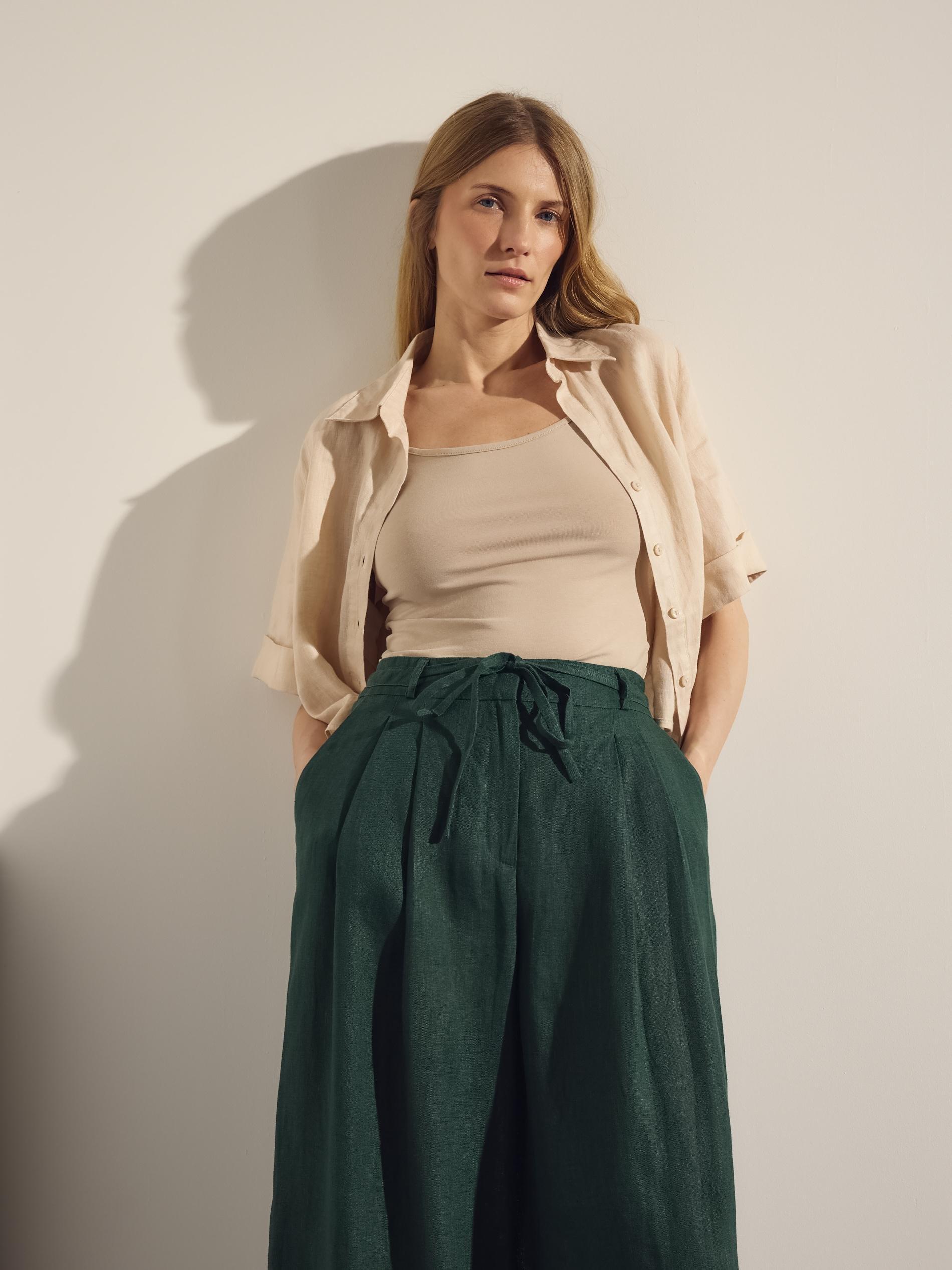 Green Linen Trousers With Tie, Green, large image number 3