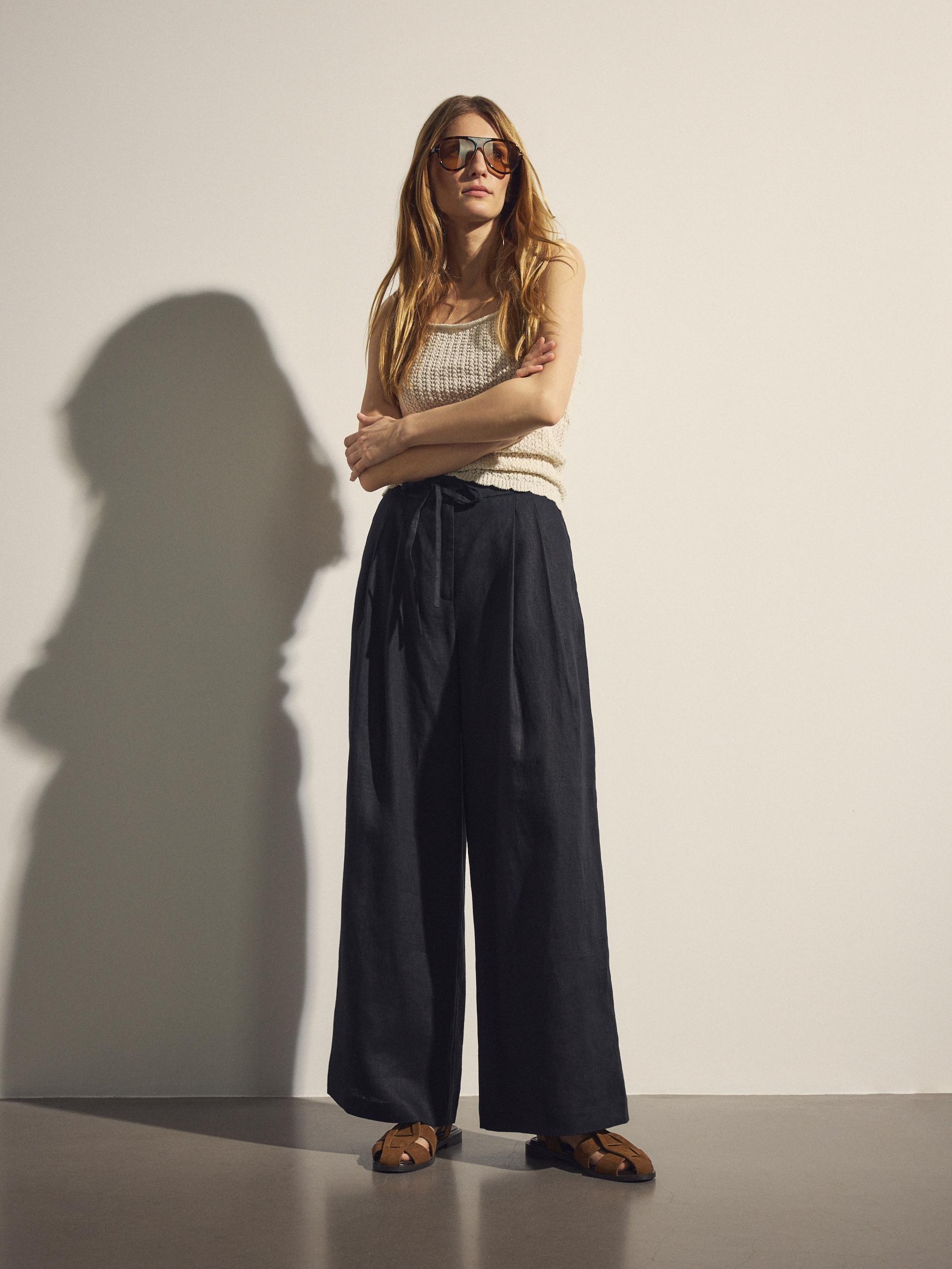 Black Linen Trousers With Tie, Black, large image number 0
