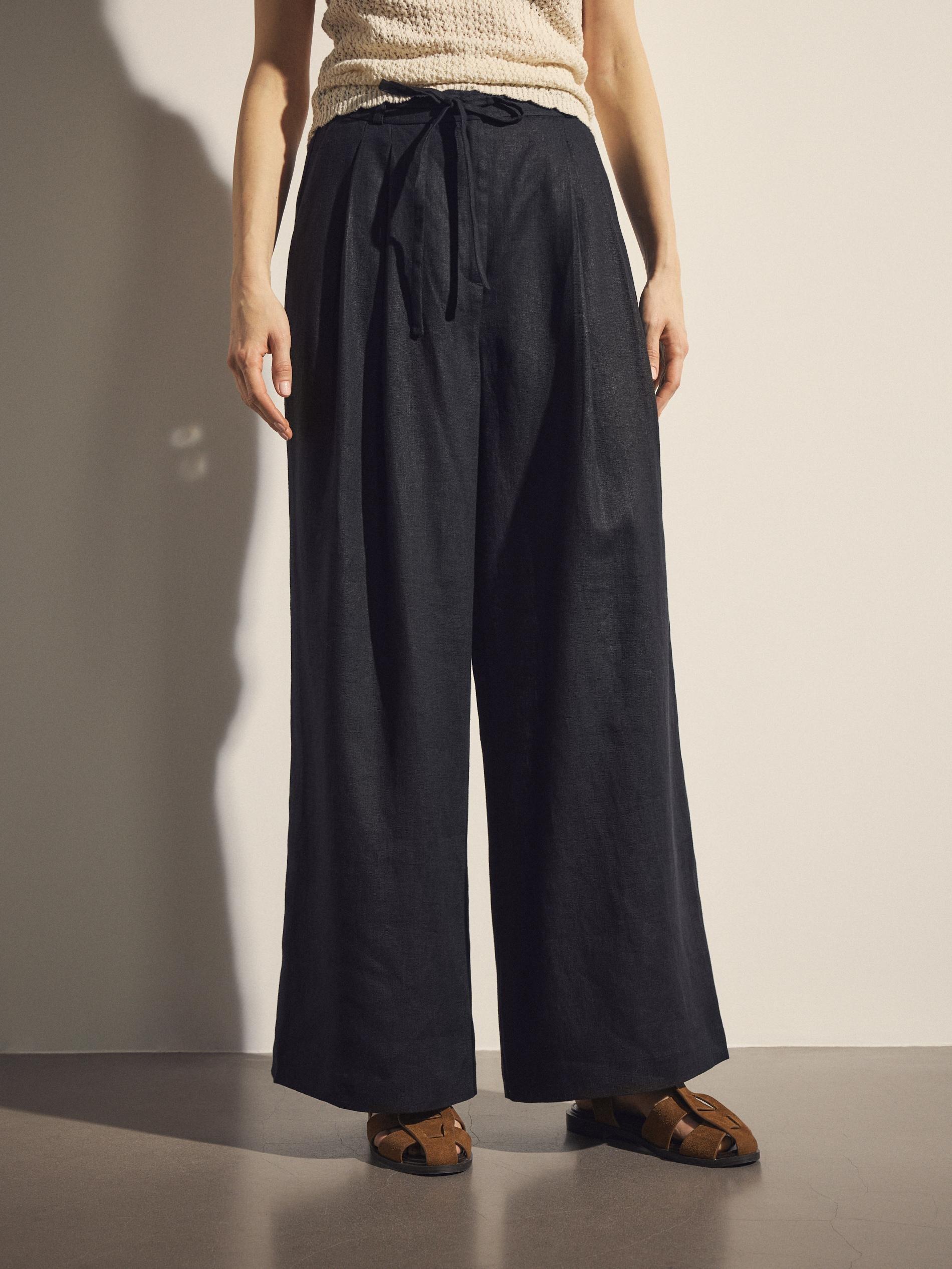 Black Linen Trousers With Tie, Black, large image number 1