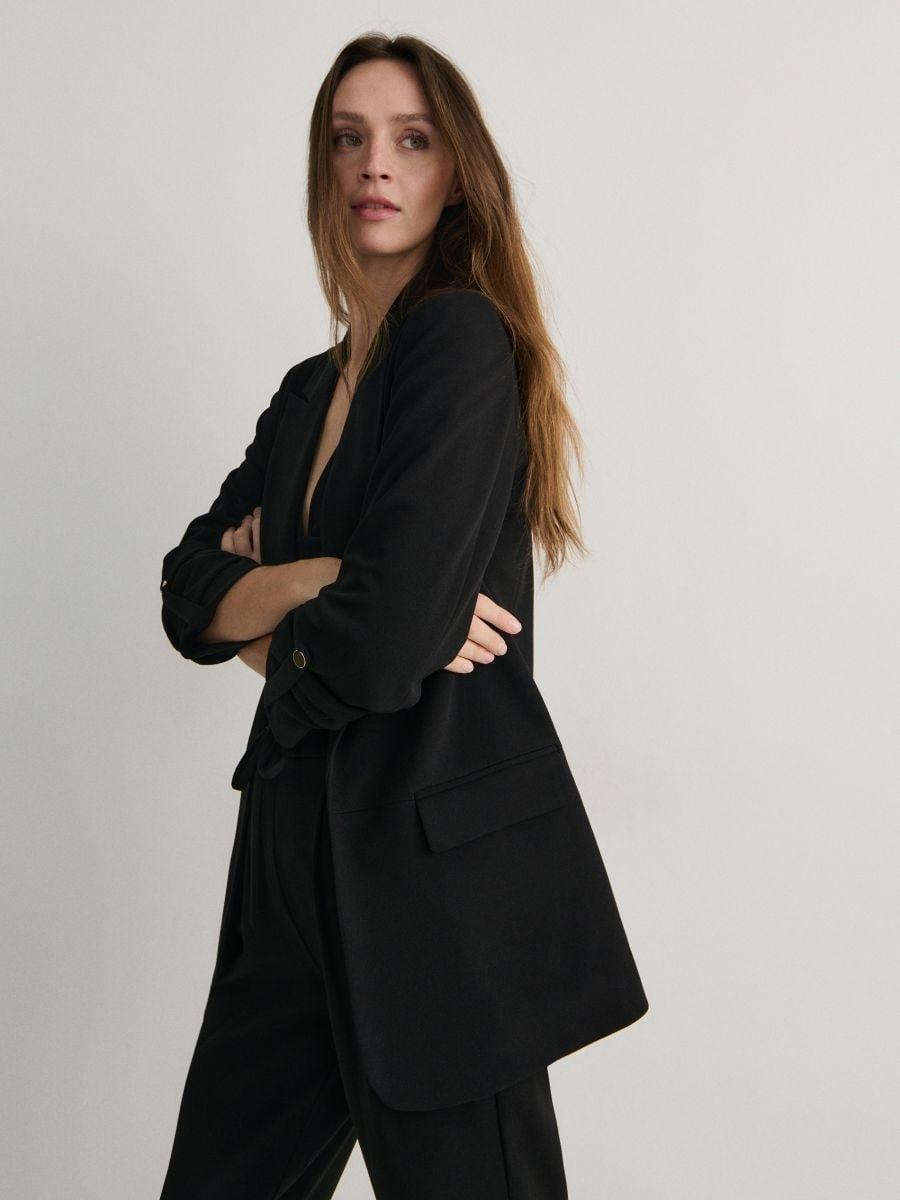 Black Blazer With Roll-Up Sleeves, , large image number 0
