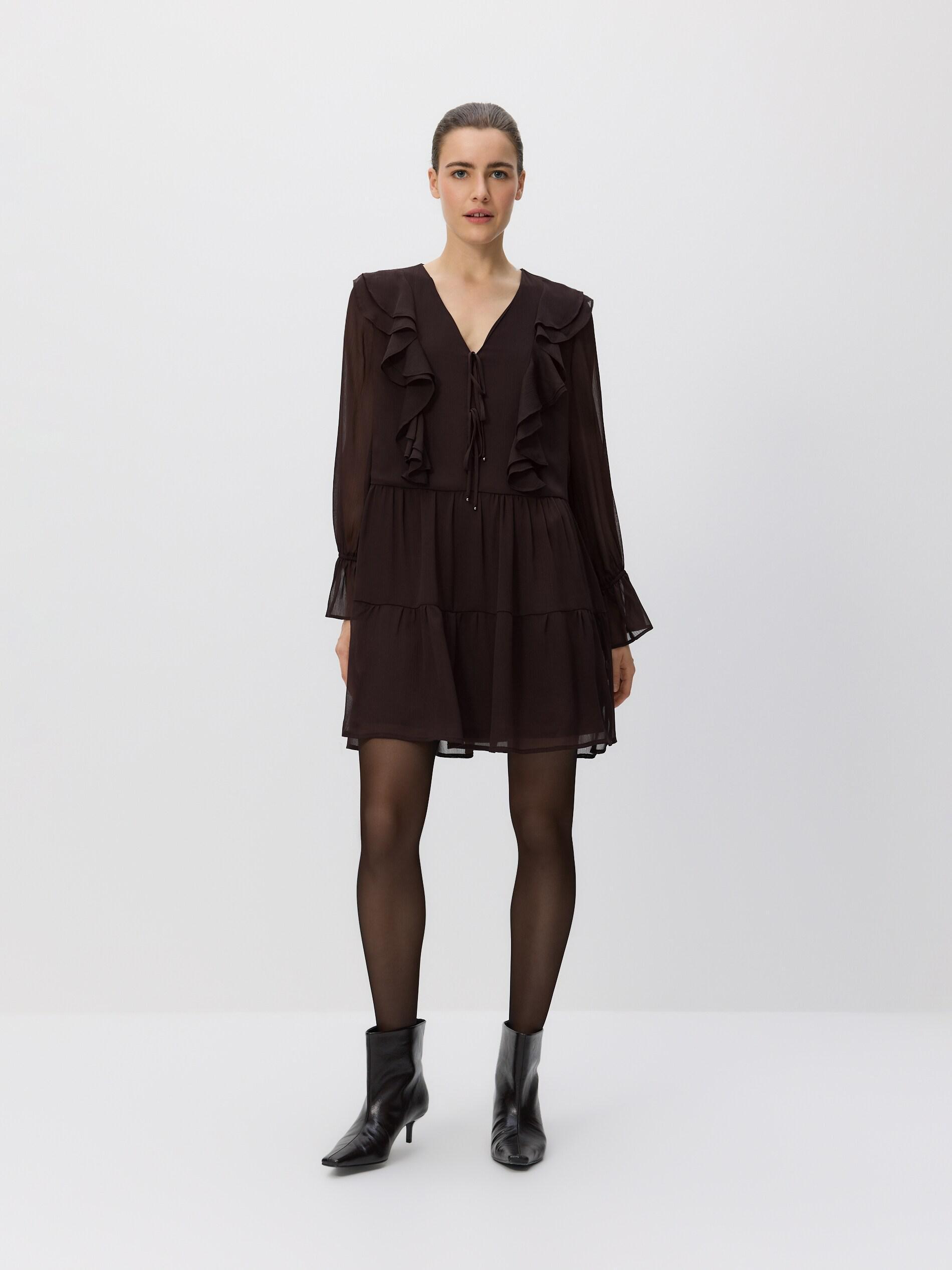 DARK BROWN Dress with ruffle details, Brown, medium