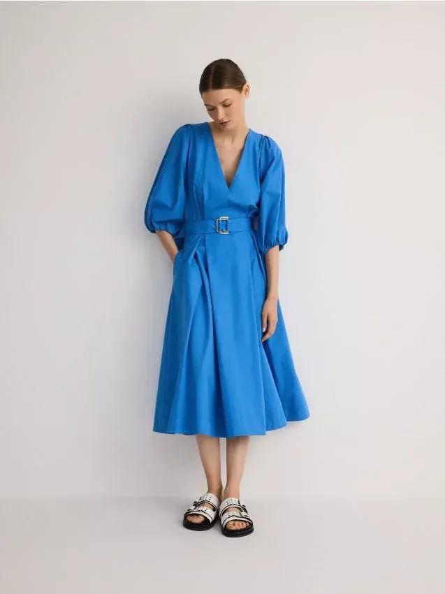 Blue Long Sleeve Belted Dress, , large image number 0
