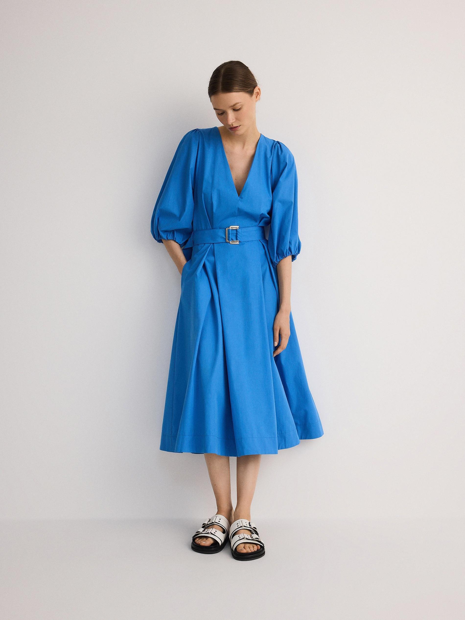 Blue Long Sleeve Belted Dress, , large image number 1