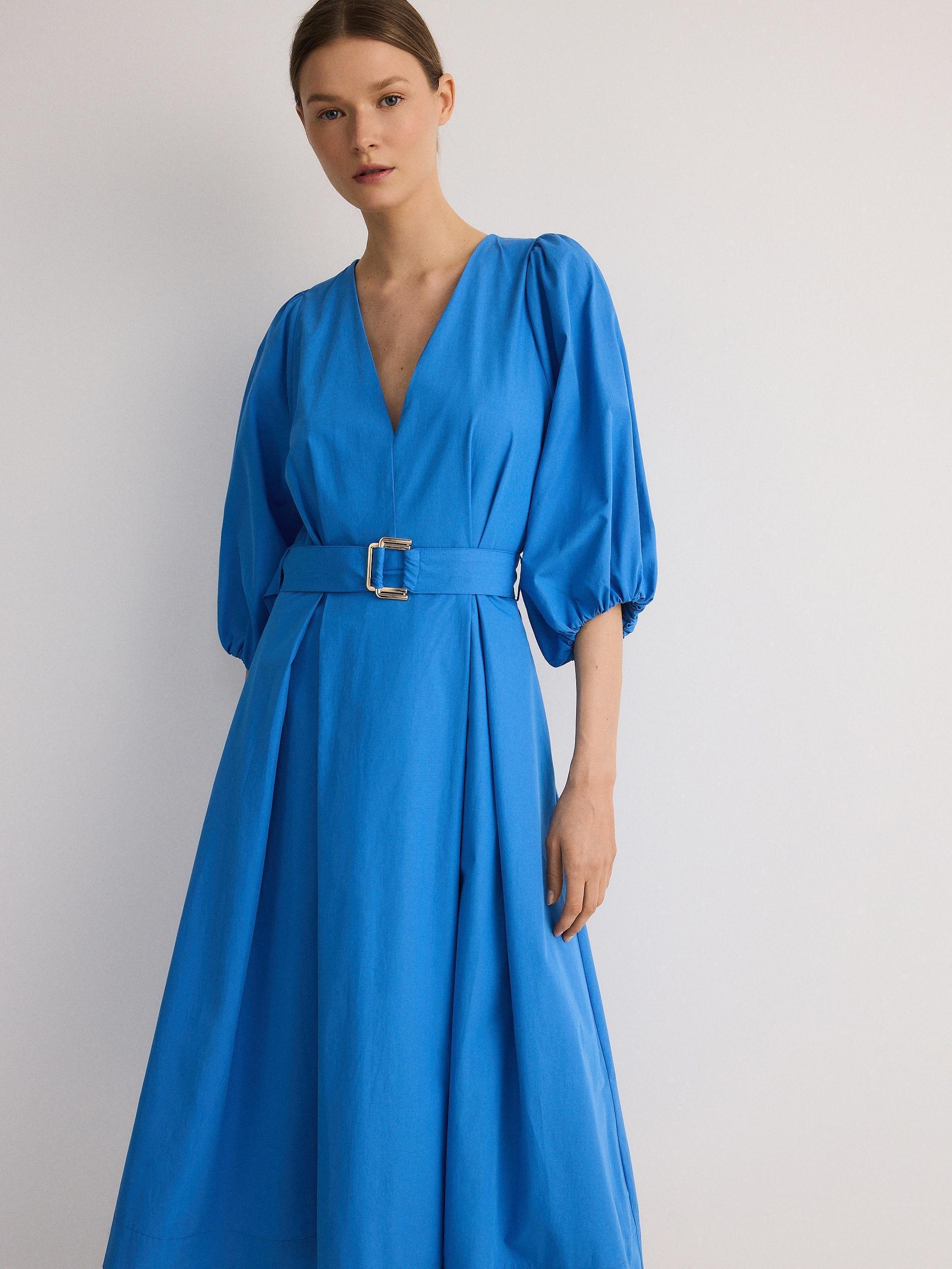 Blue Long Sleeve Belted Dress, , large image number 2