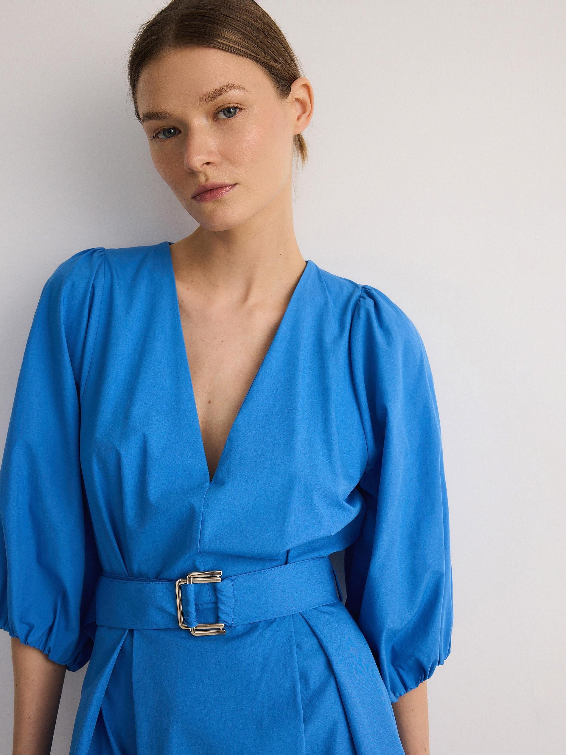 Blue Long Sleeve Belted Dress, , large image number 3