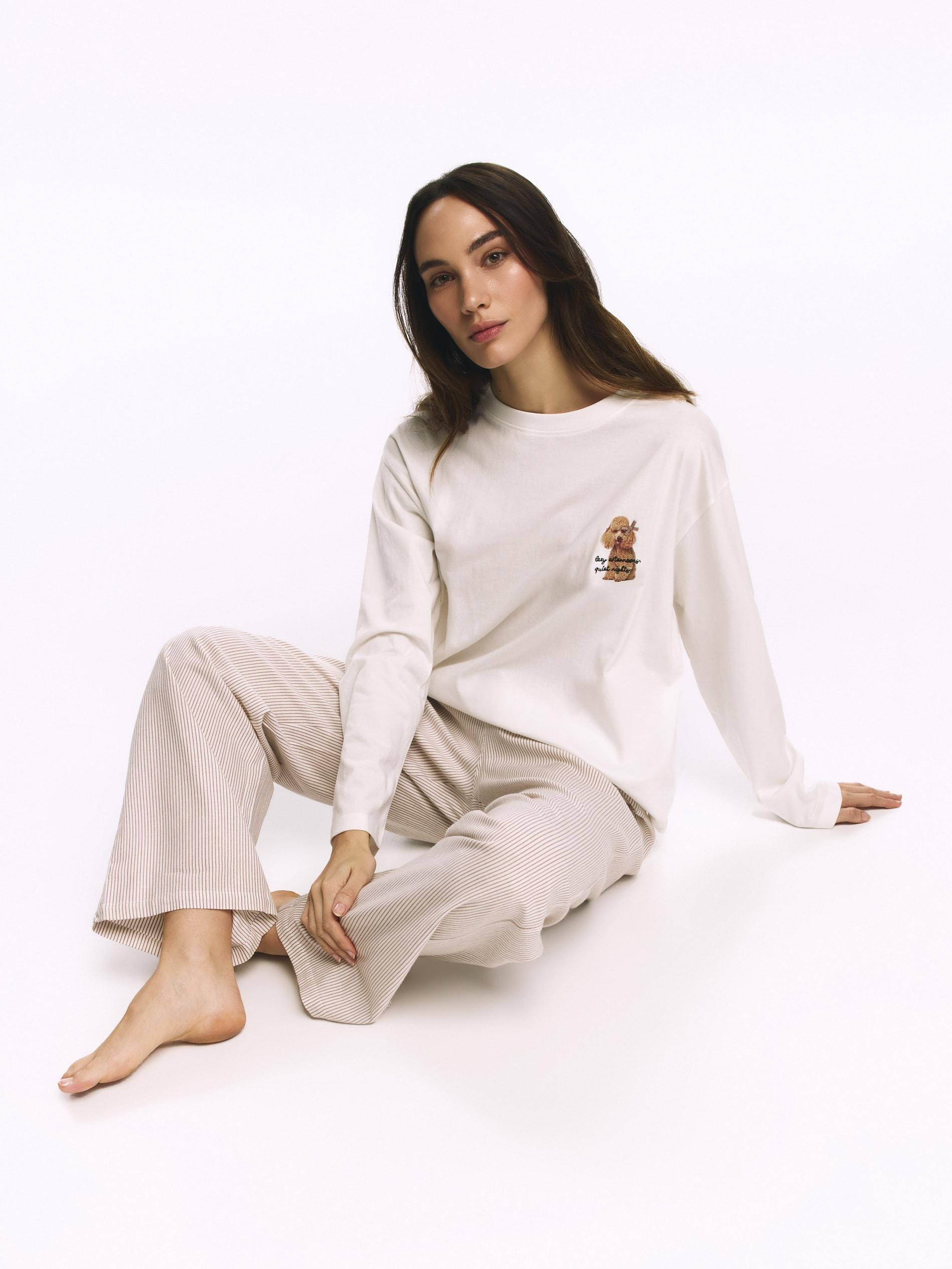 Beige Two Piece Printed Pyjama Set, Beige, medium