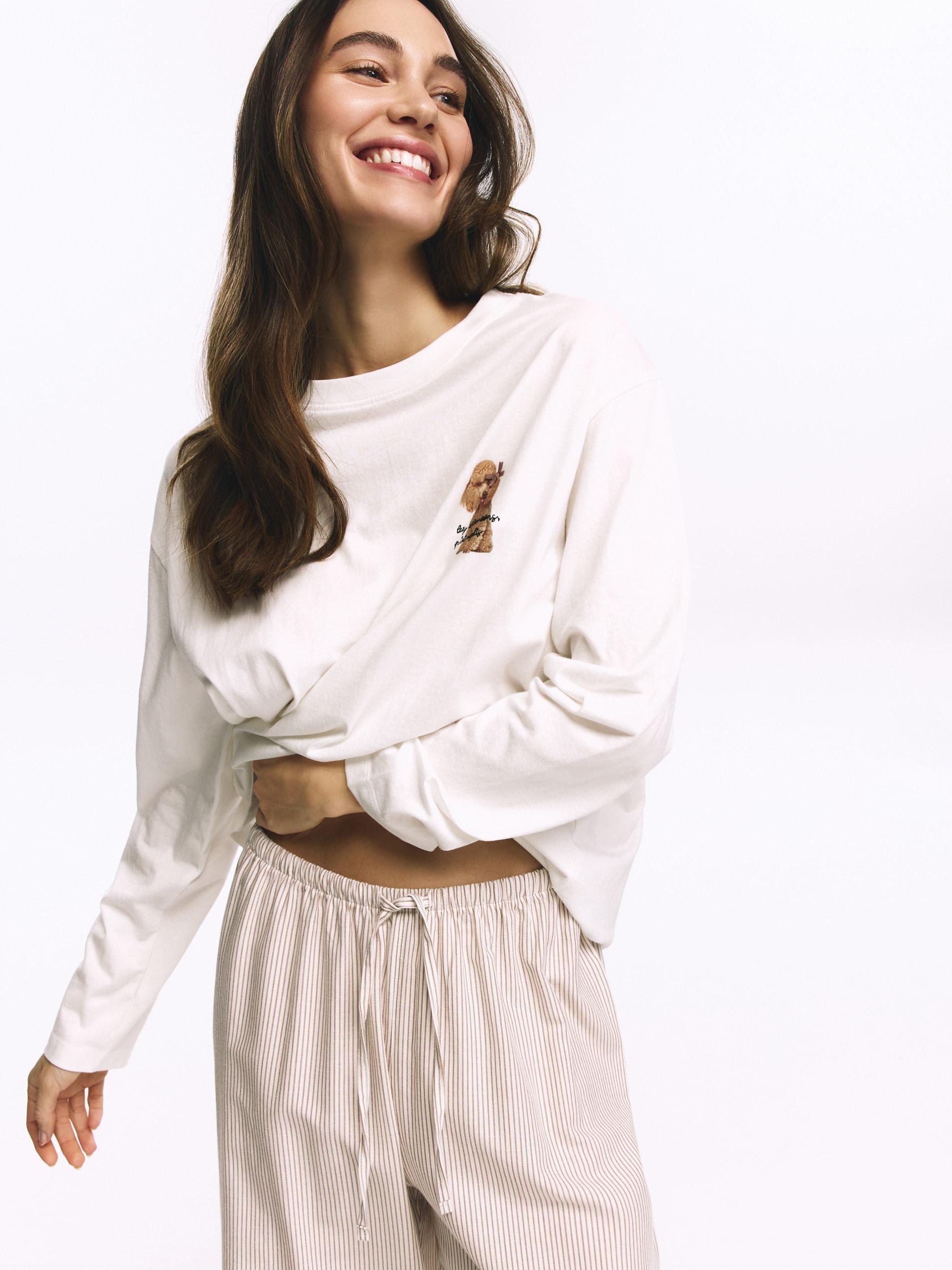 Beige Two Piece Printed Pyjama Set, Beige, large image number 1