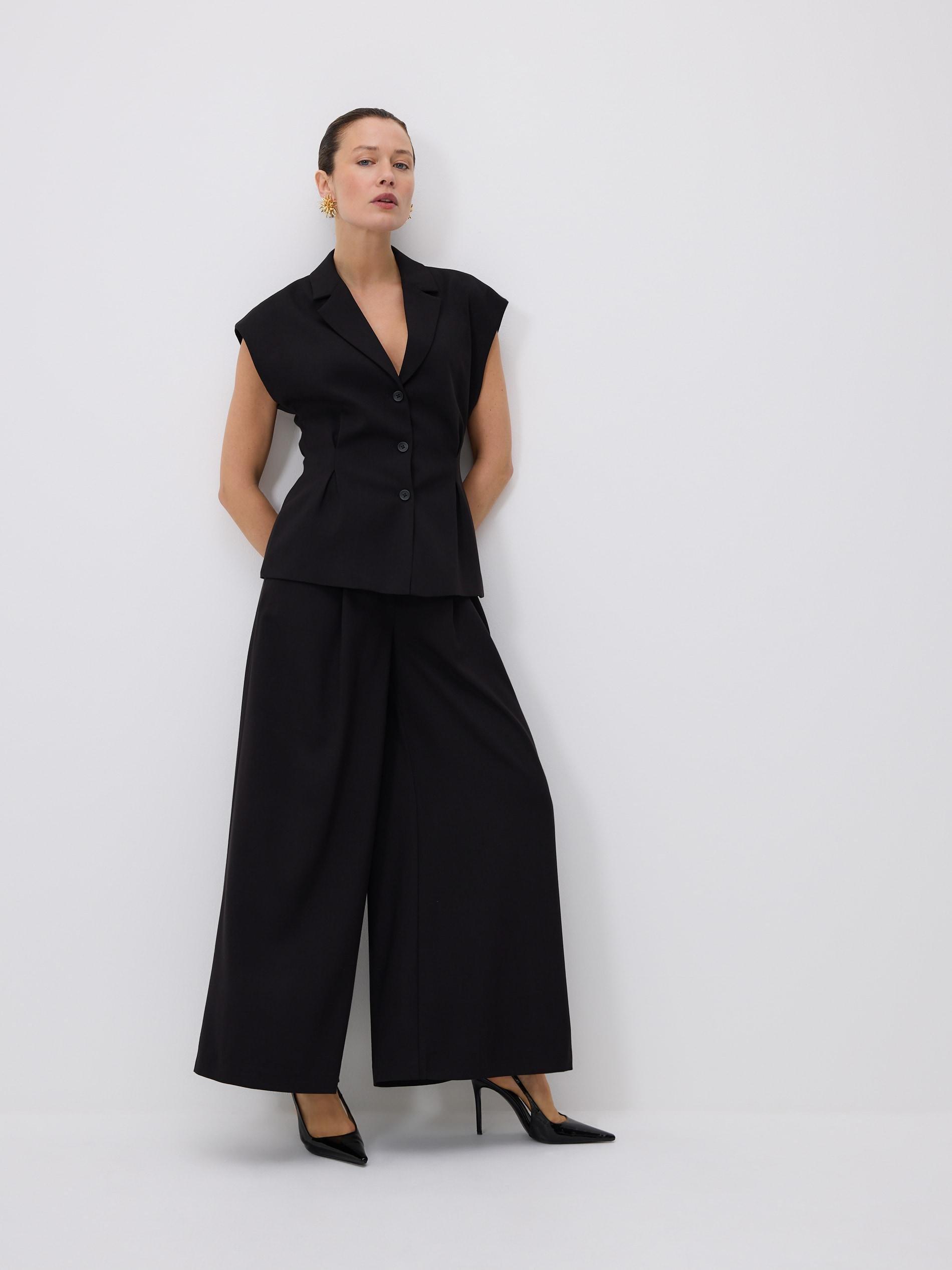 Black Wide Leg Trousers, Black, large image number 0