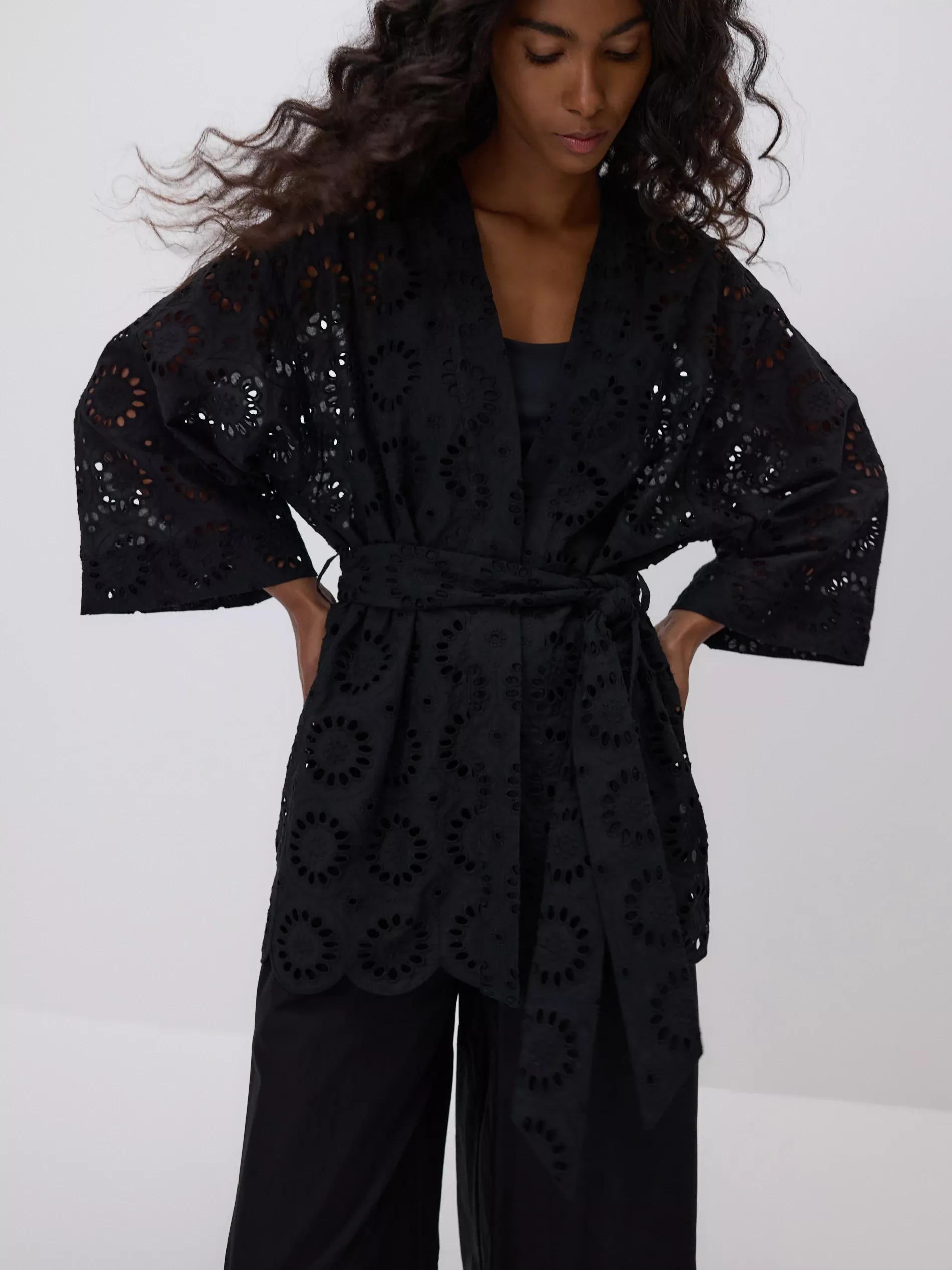 Black Openwork Kimono With Tie Detail, , medium