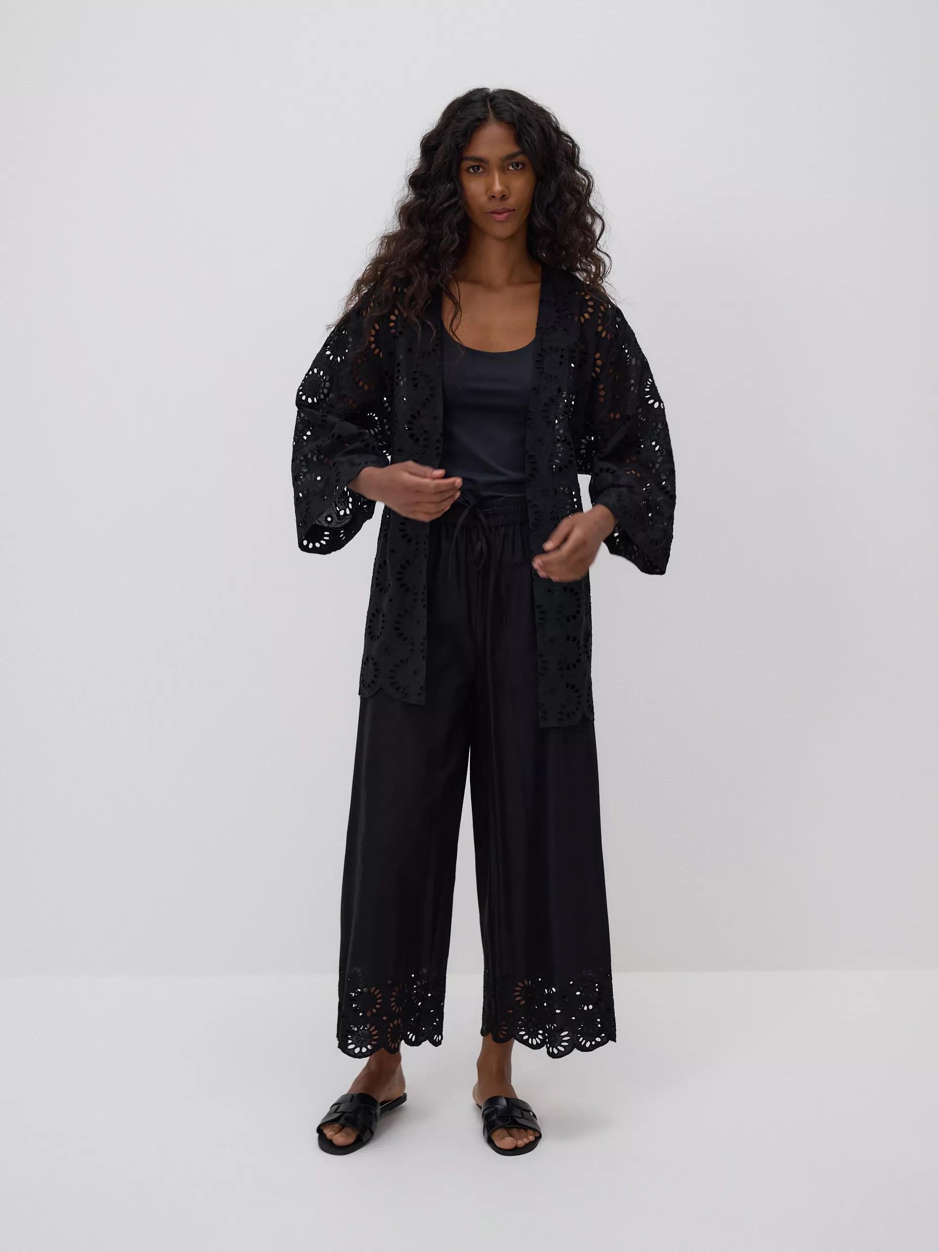 Black Openwork Kimono With Tie Detail, , large image number 2