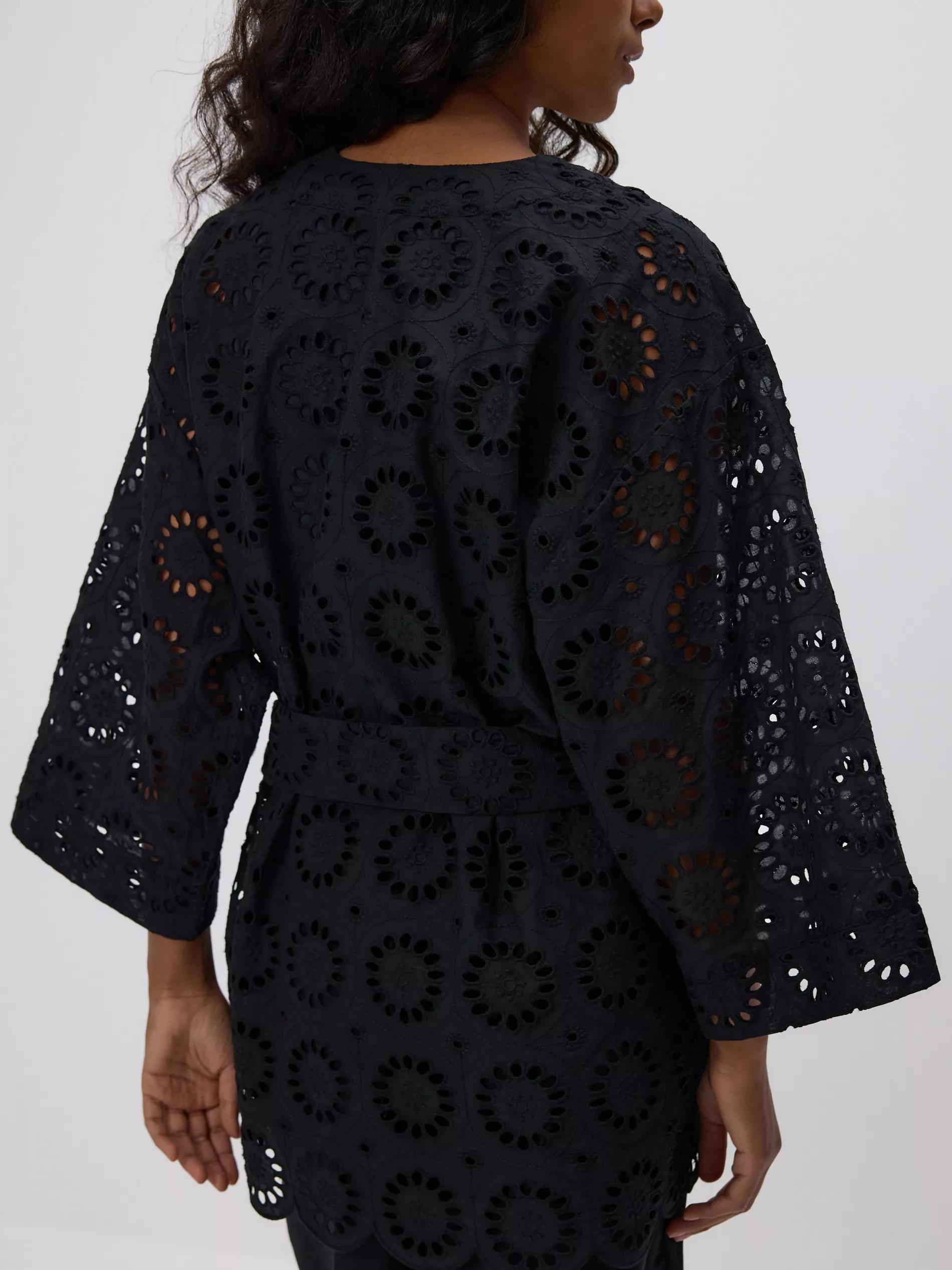 Black Openwork Kimono With Tie Detail, , large image number 3