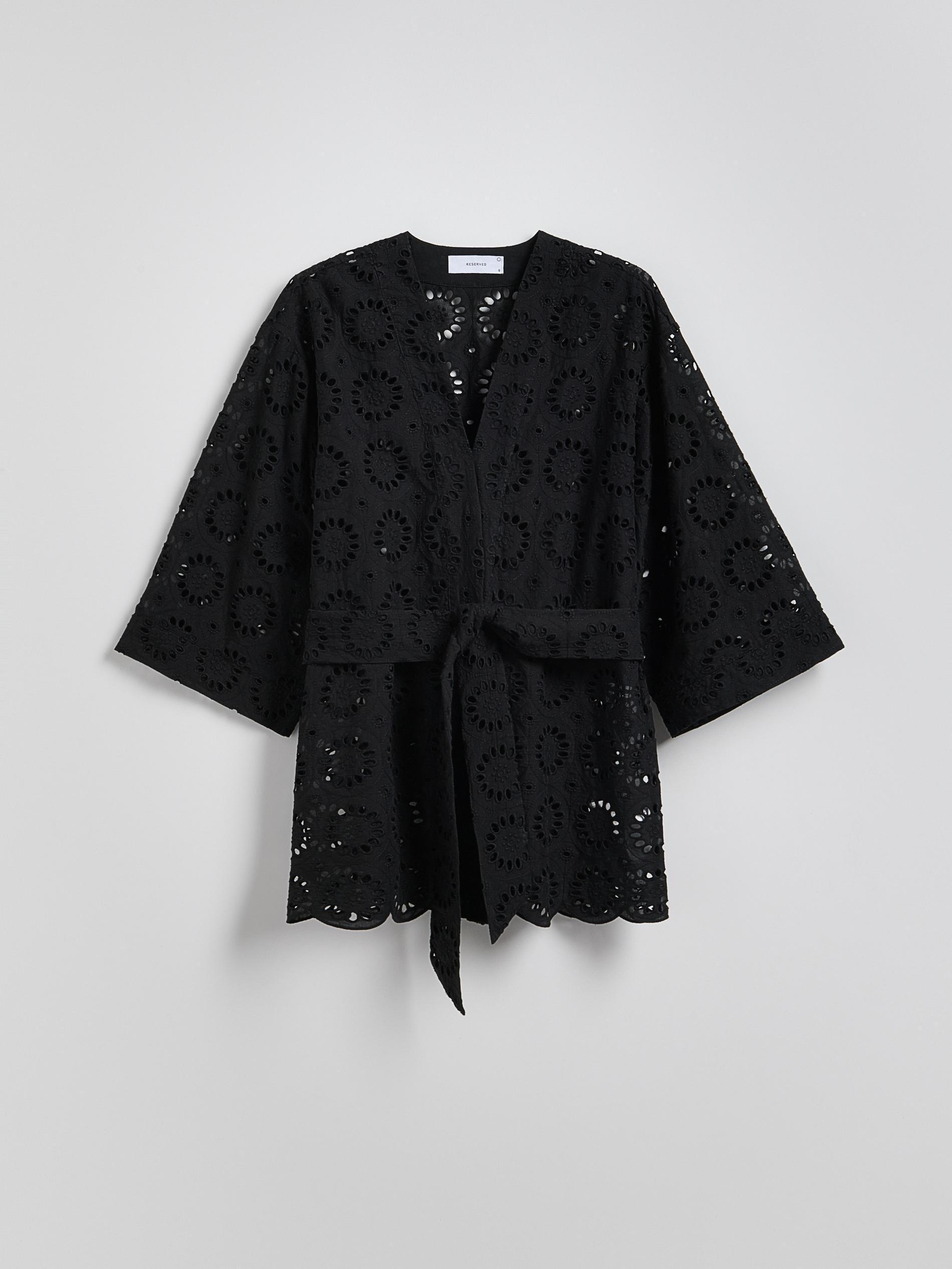 Black Openwork Kimono With Tie Detail, , large image number 4